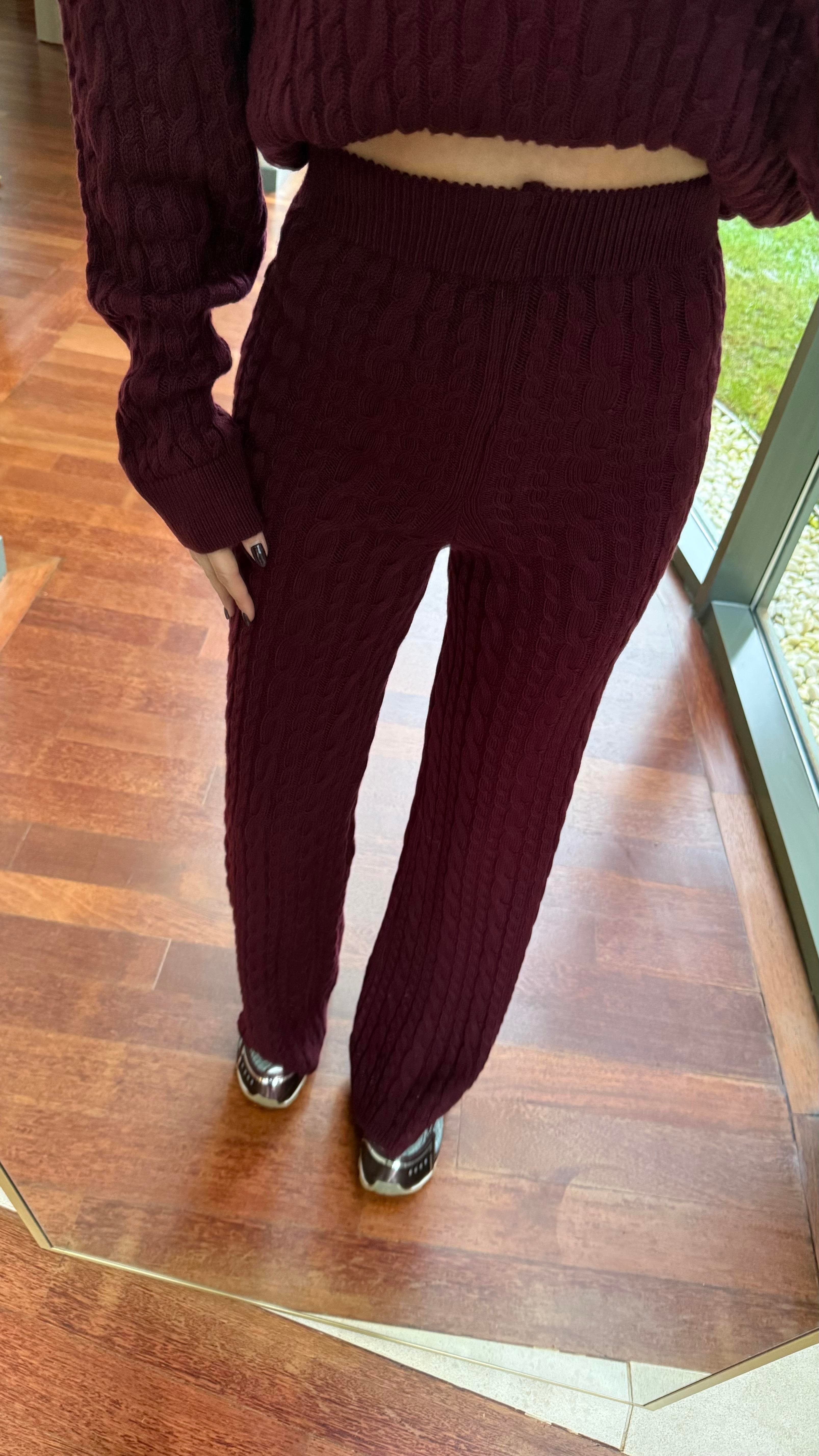 Bordo Saç Örgülü Pantolonlu Takım