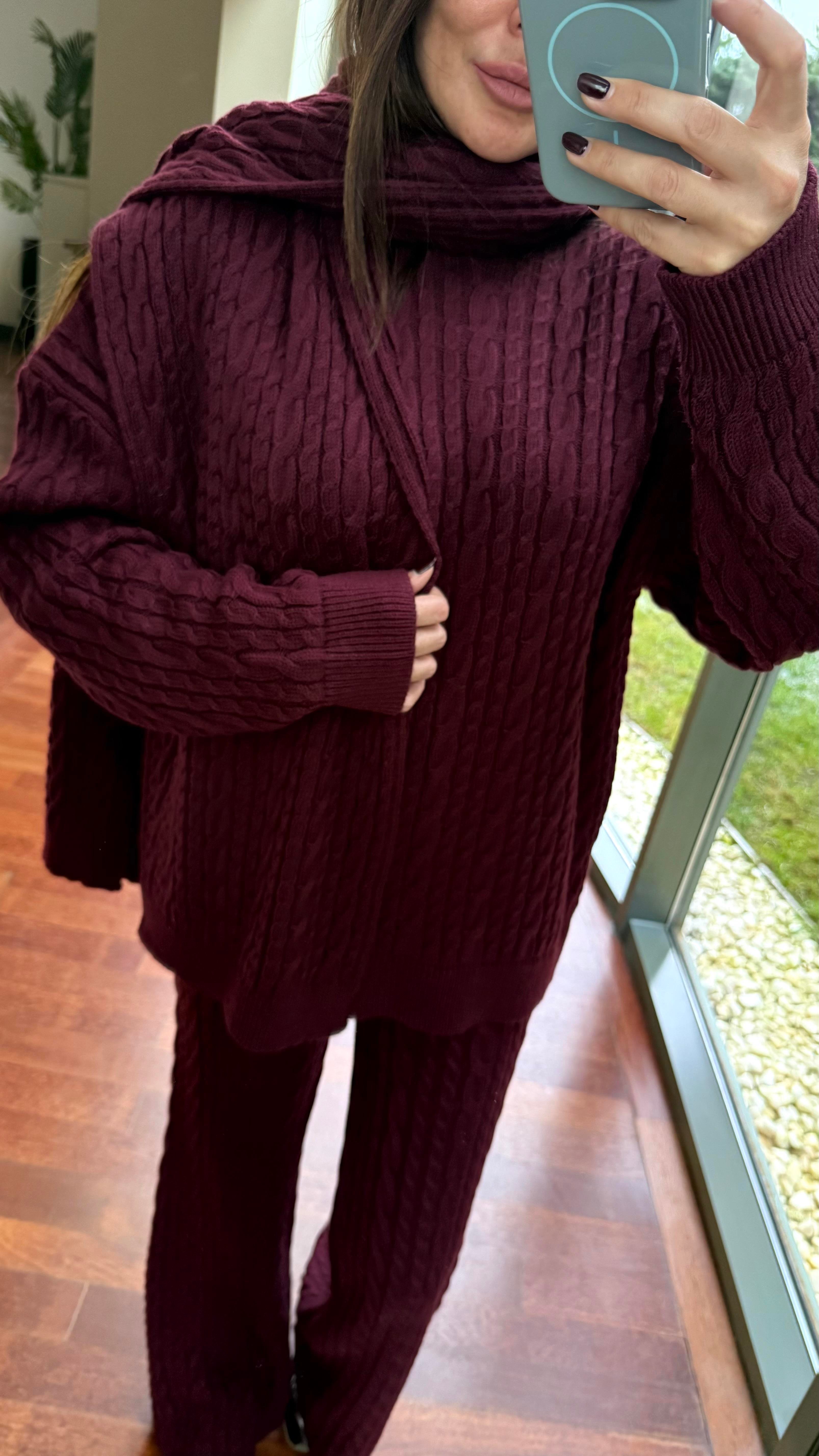 Bordo Saç Örgülü Pantolonlu Takım