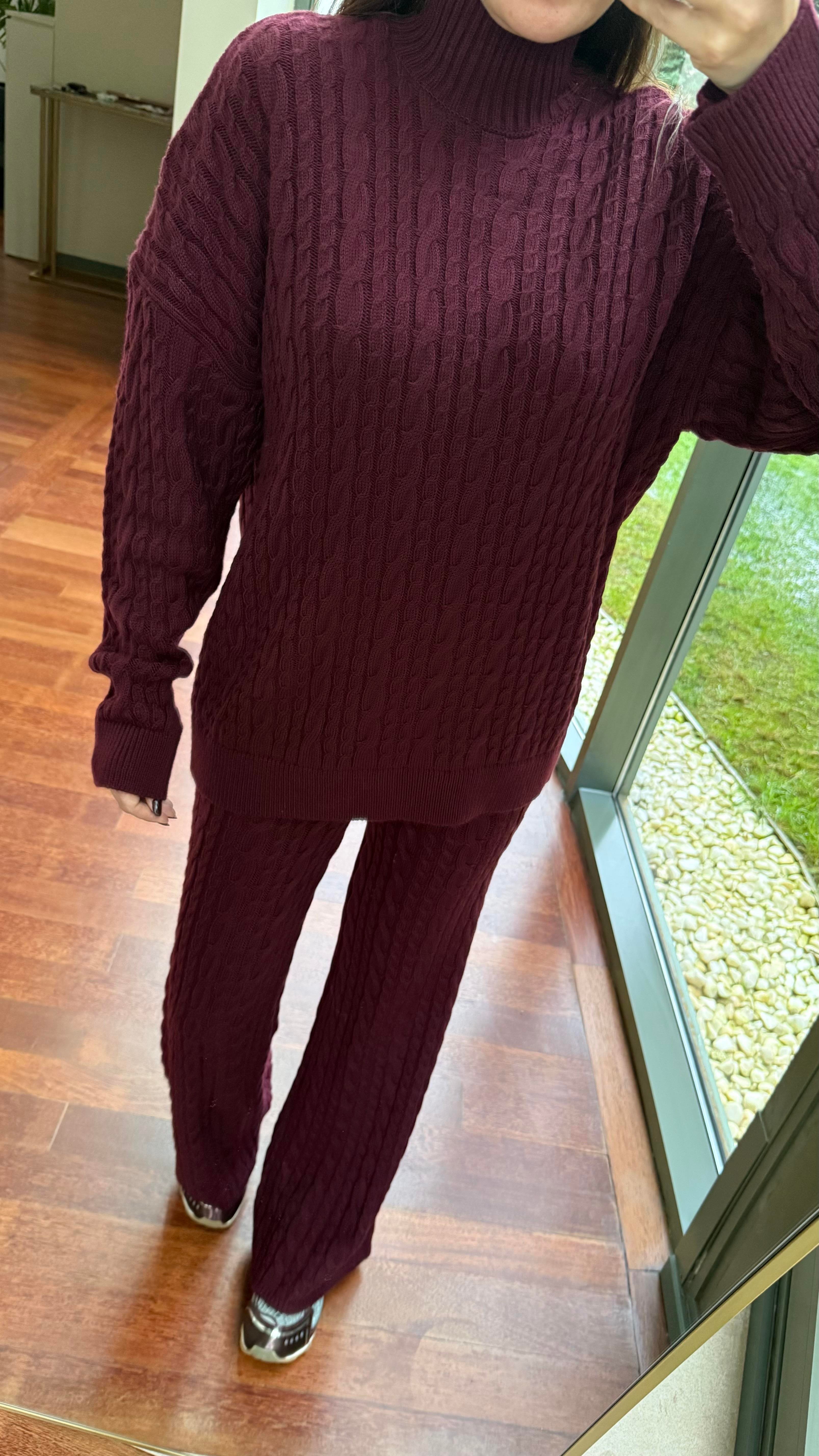 Bordo Saç Örgülü Pantolonlu Takım