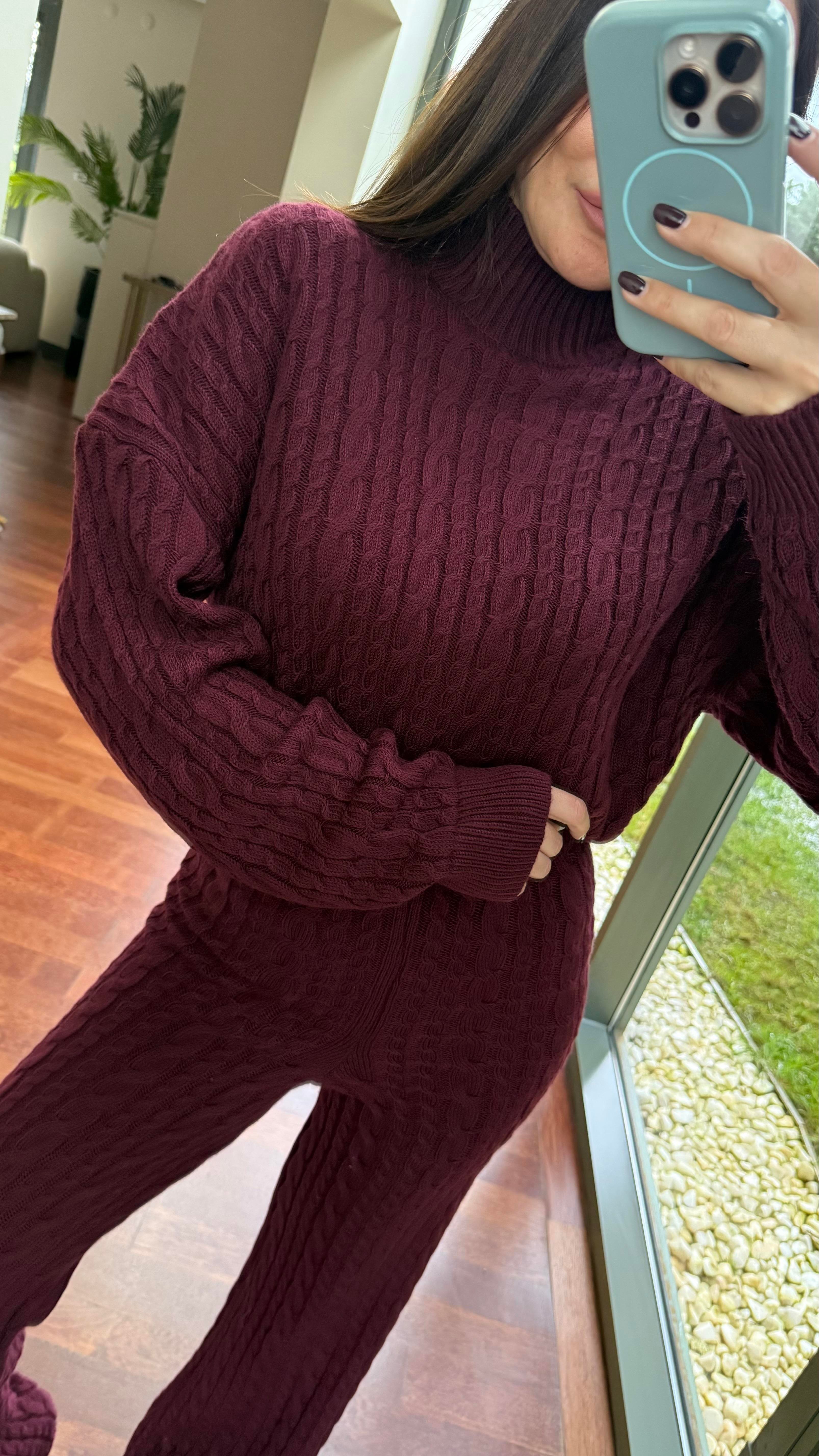 Bordo Saç Örgülü Pantolonlu Takım