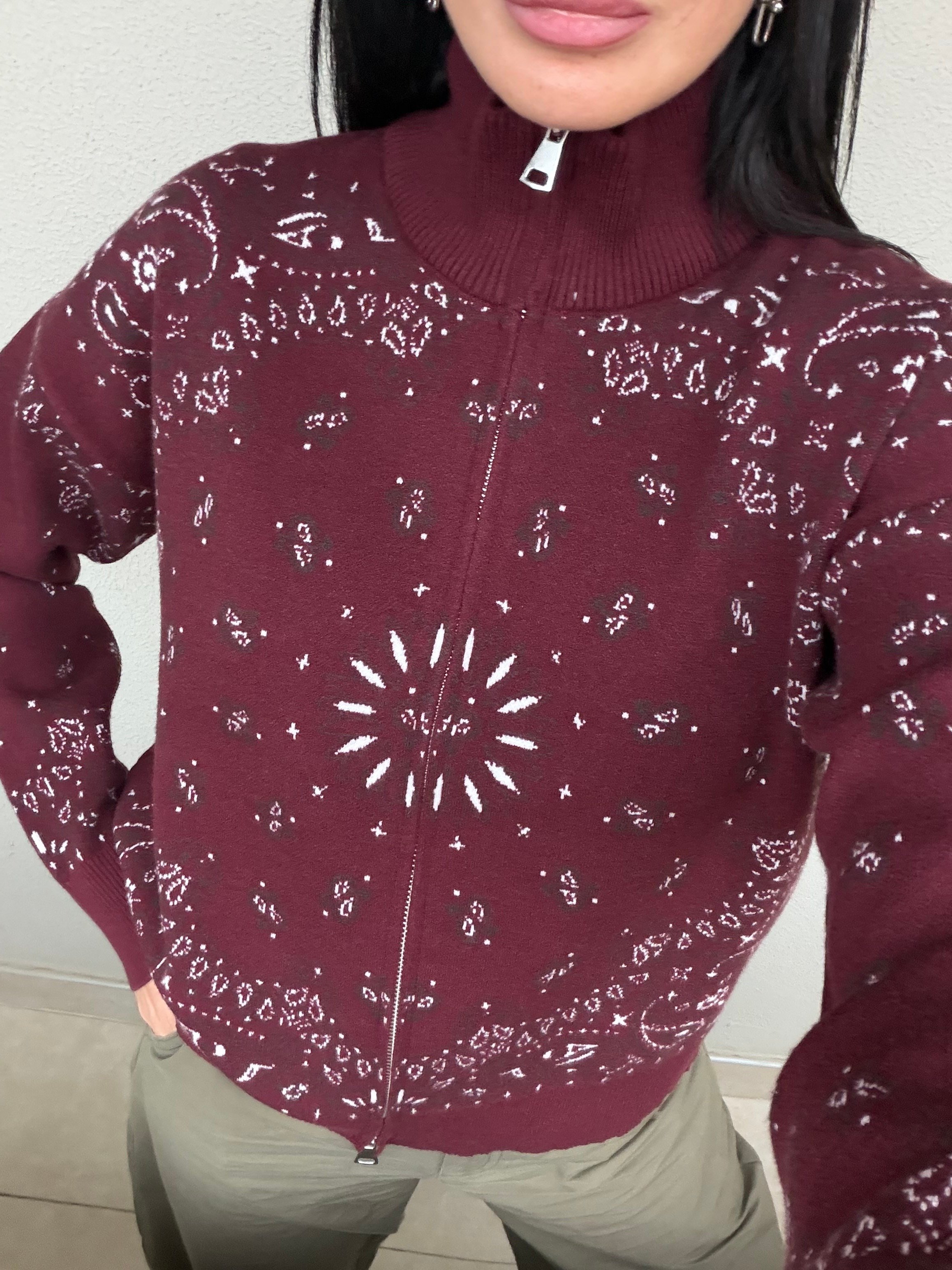 Bordo Şal Desen Fermuarlı Triko Hırka