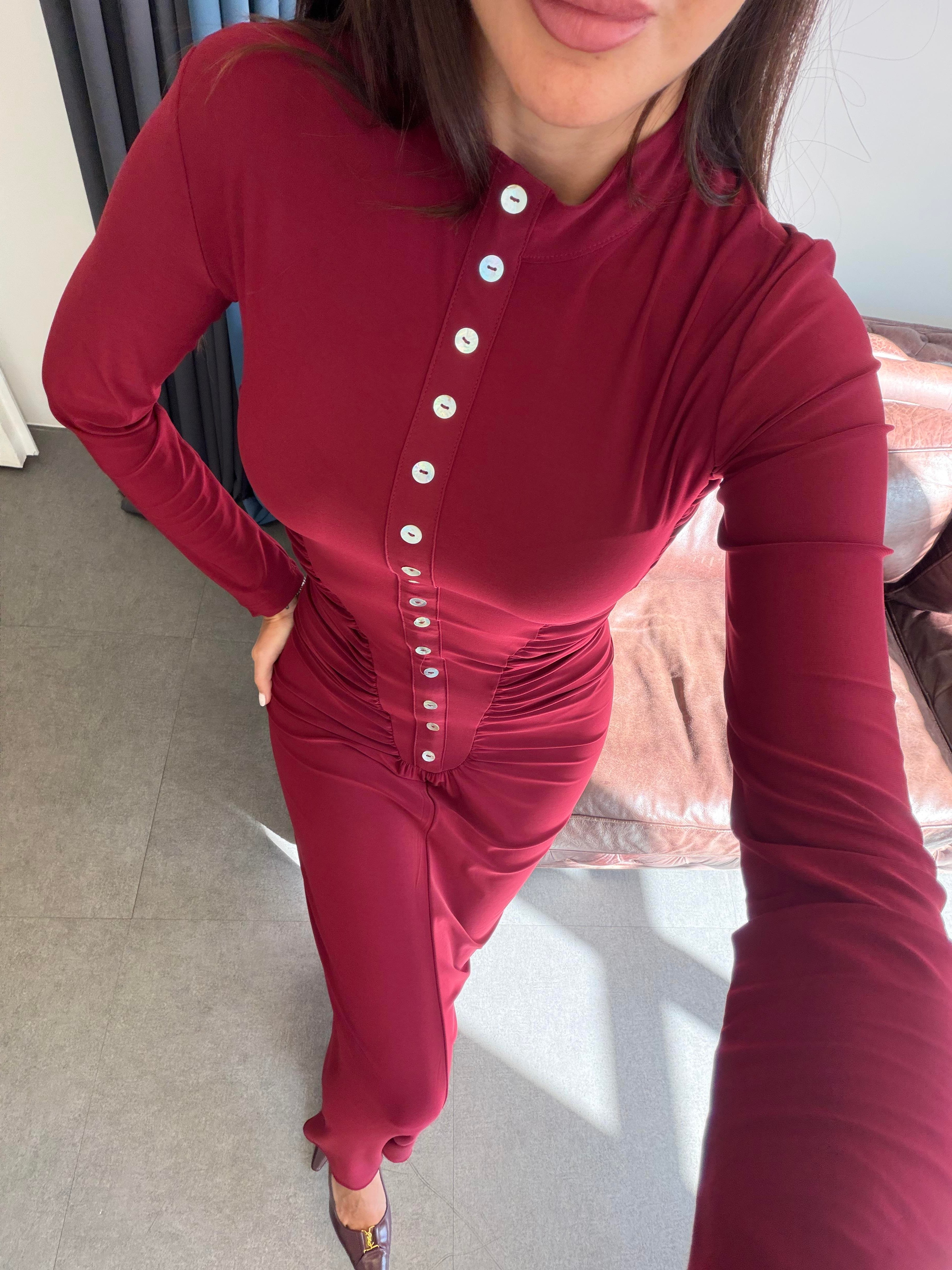 Bordo Sedef Düğmeli Elbise