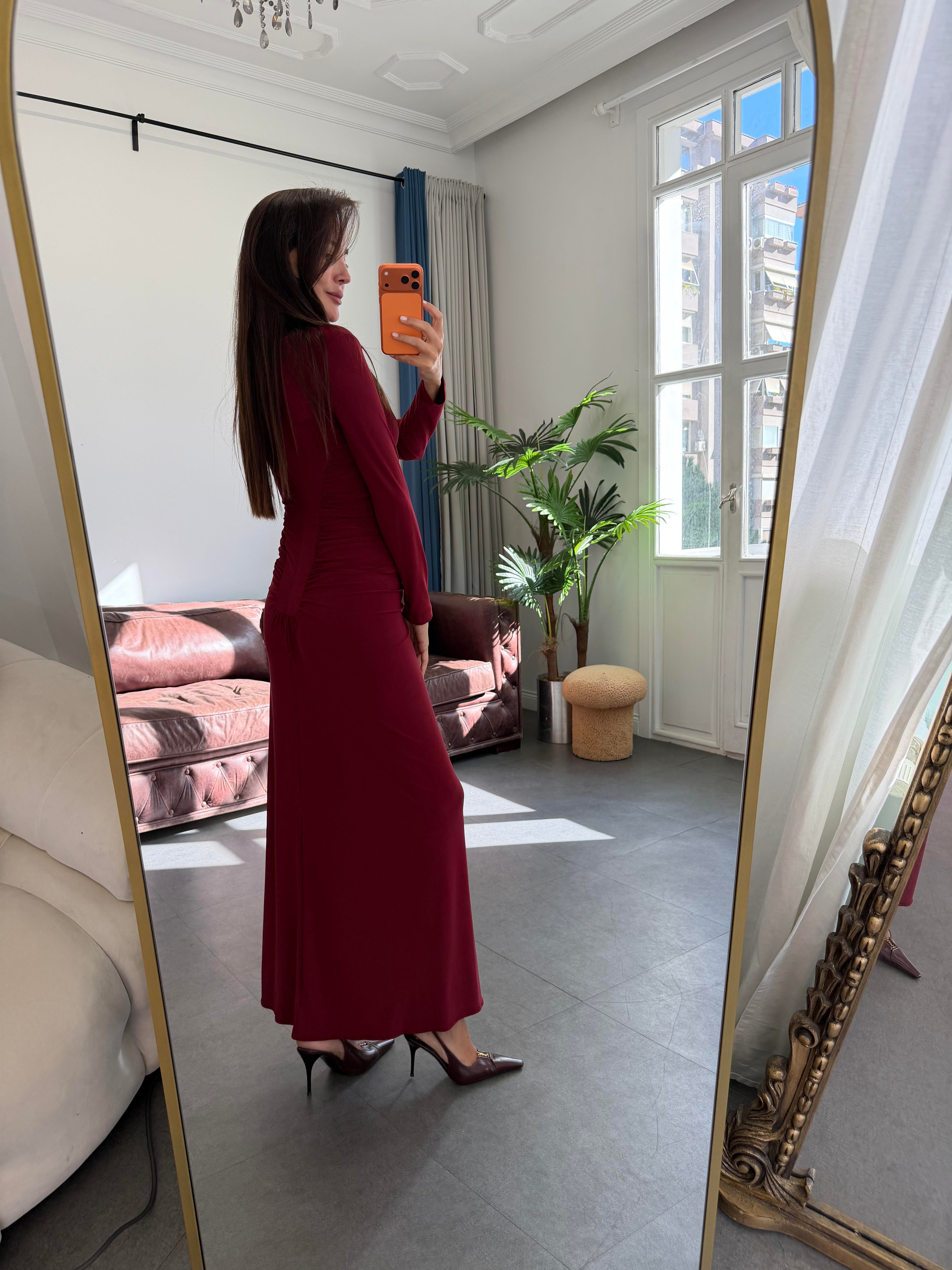 Bordo Sedef Düğmeli Elbise