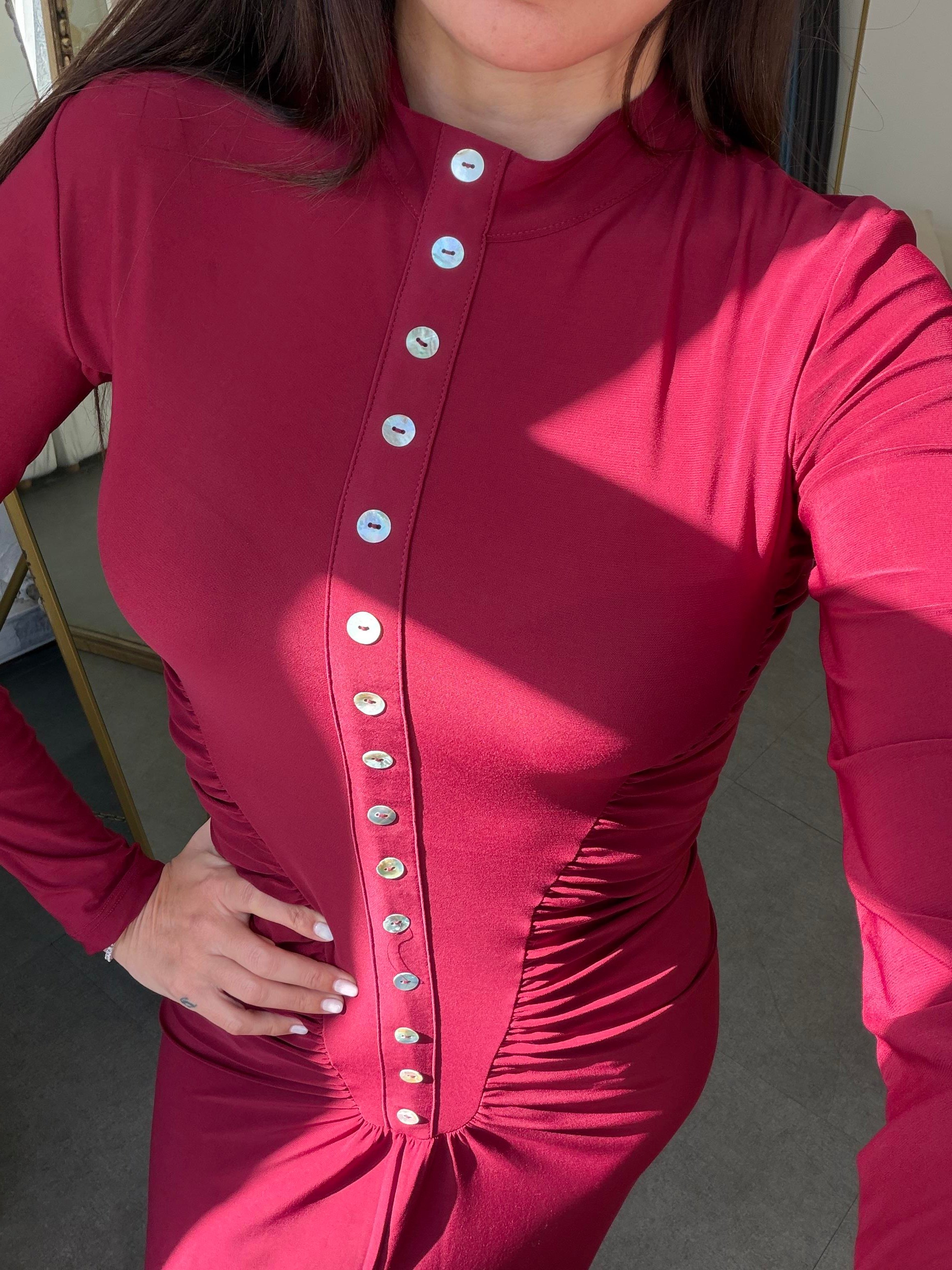 Bordo Sedef Düğmeli Elbise