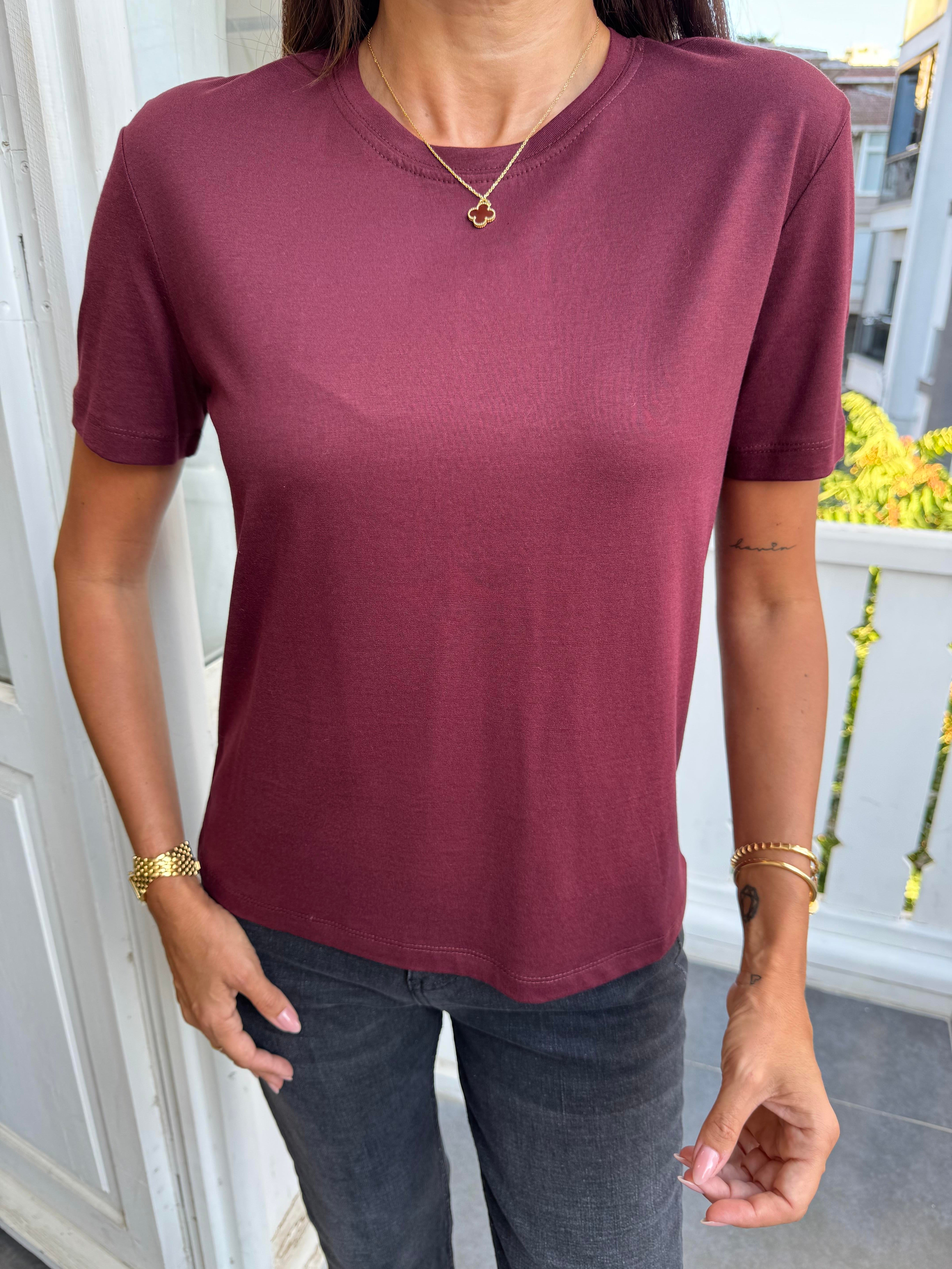 Bordo Sıfır Yaka Basic Tişört