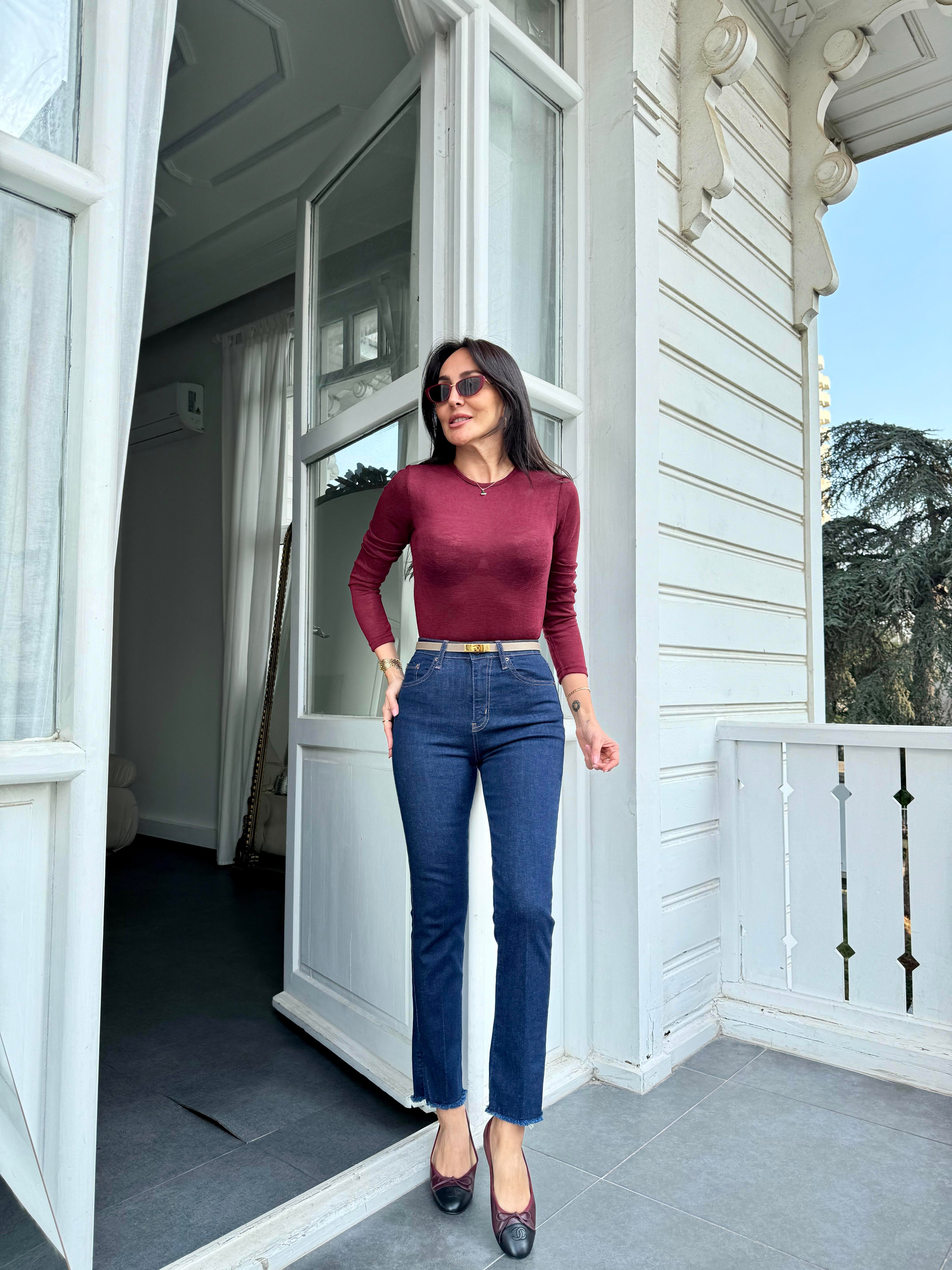 Bordo Sıfır Yaka Merserize Triko