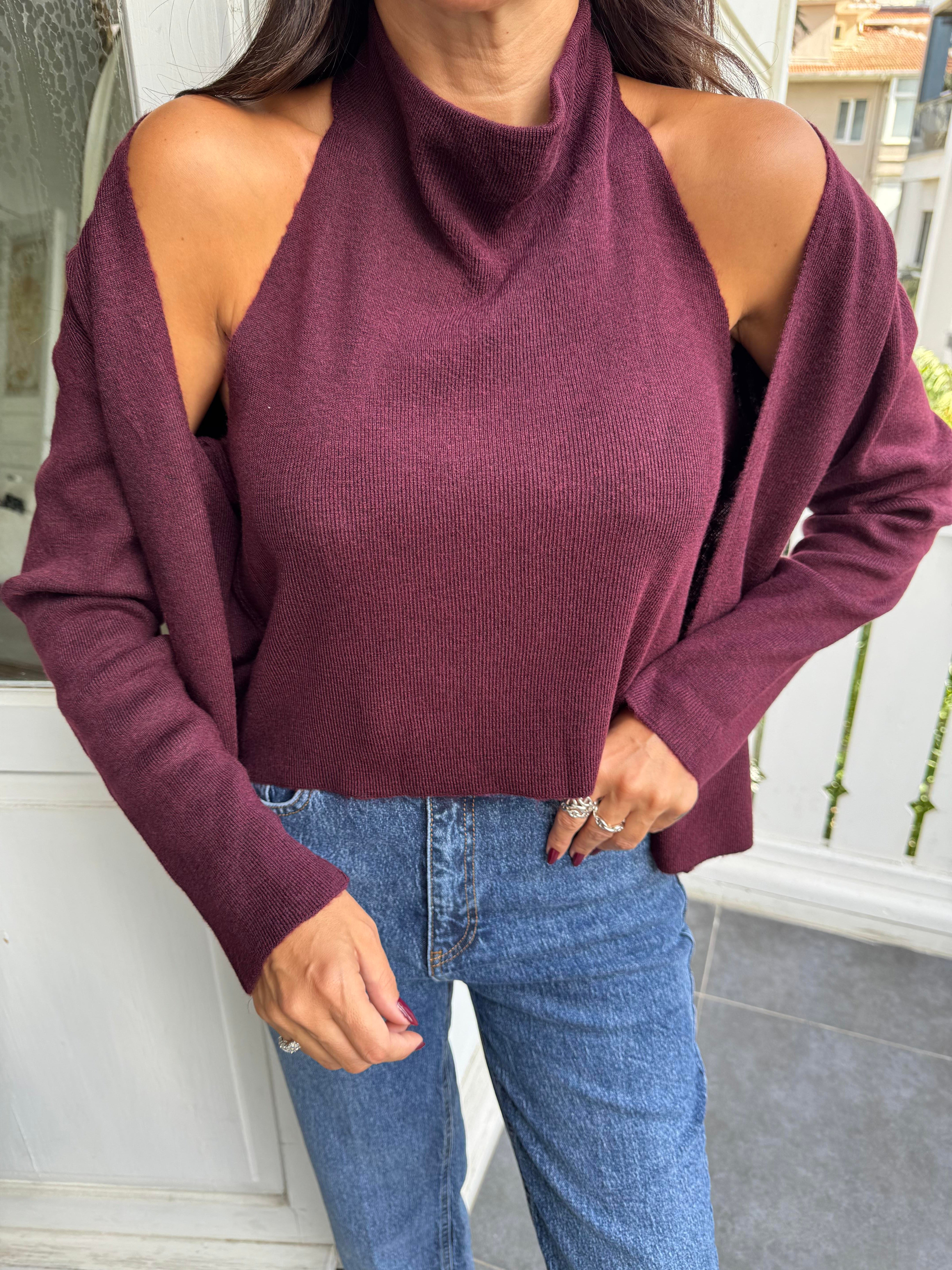 Bordo Tasarım Bluzlu Hırka