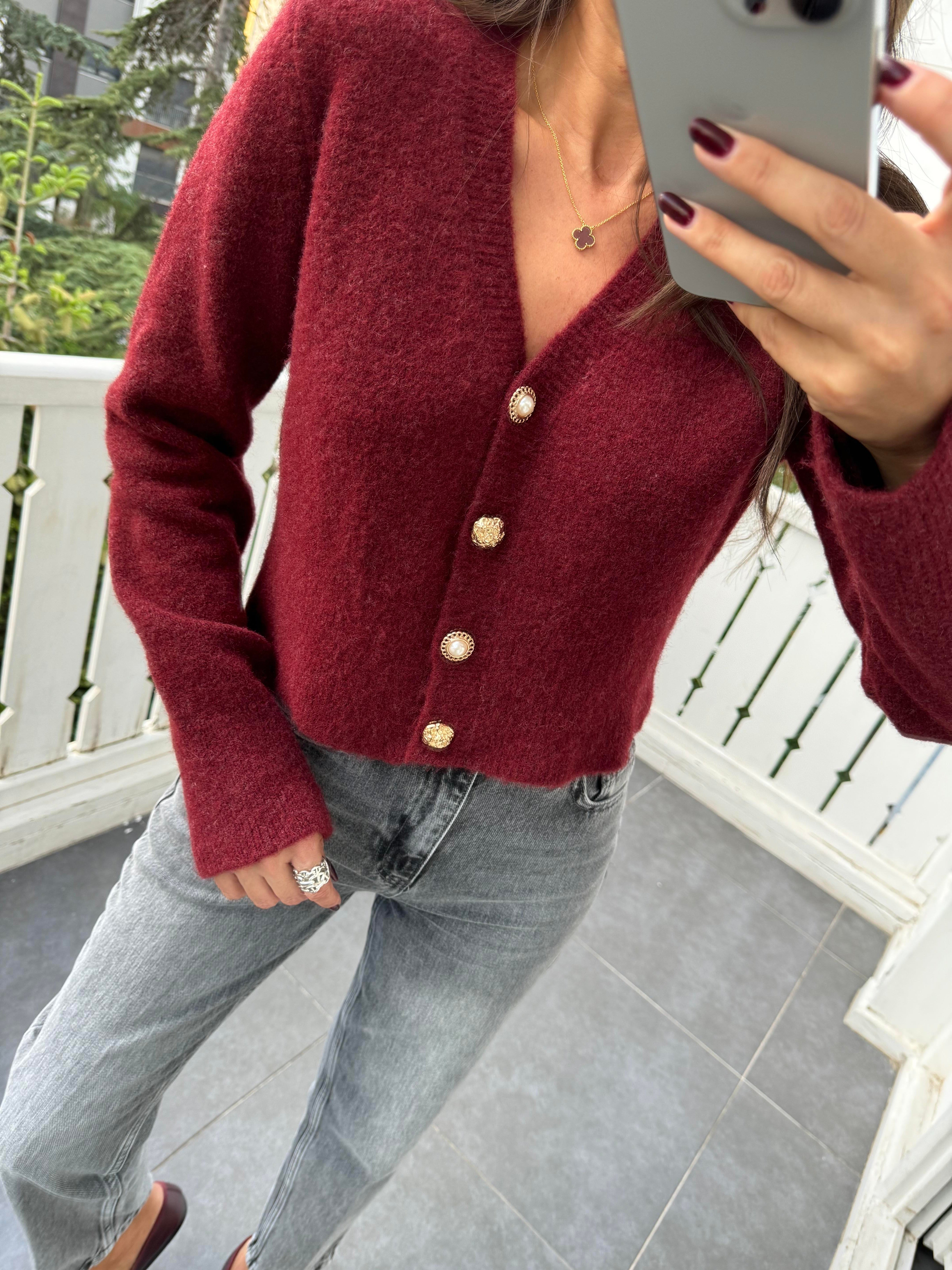 Bordo V Yaka Düğmeli Triko Hırka
