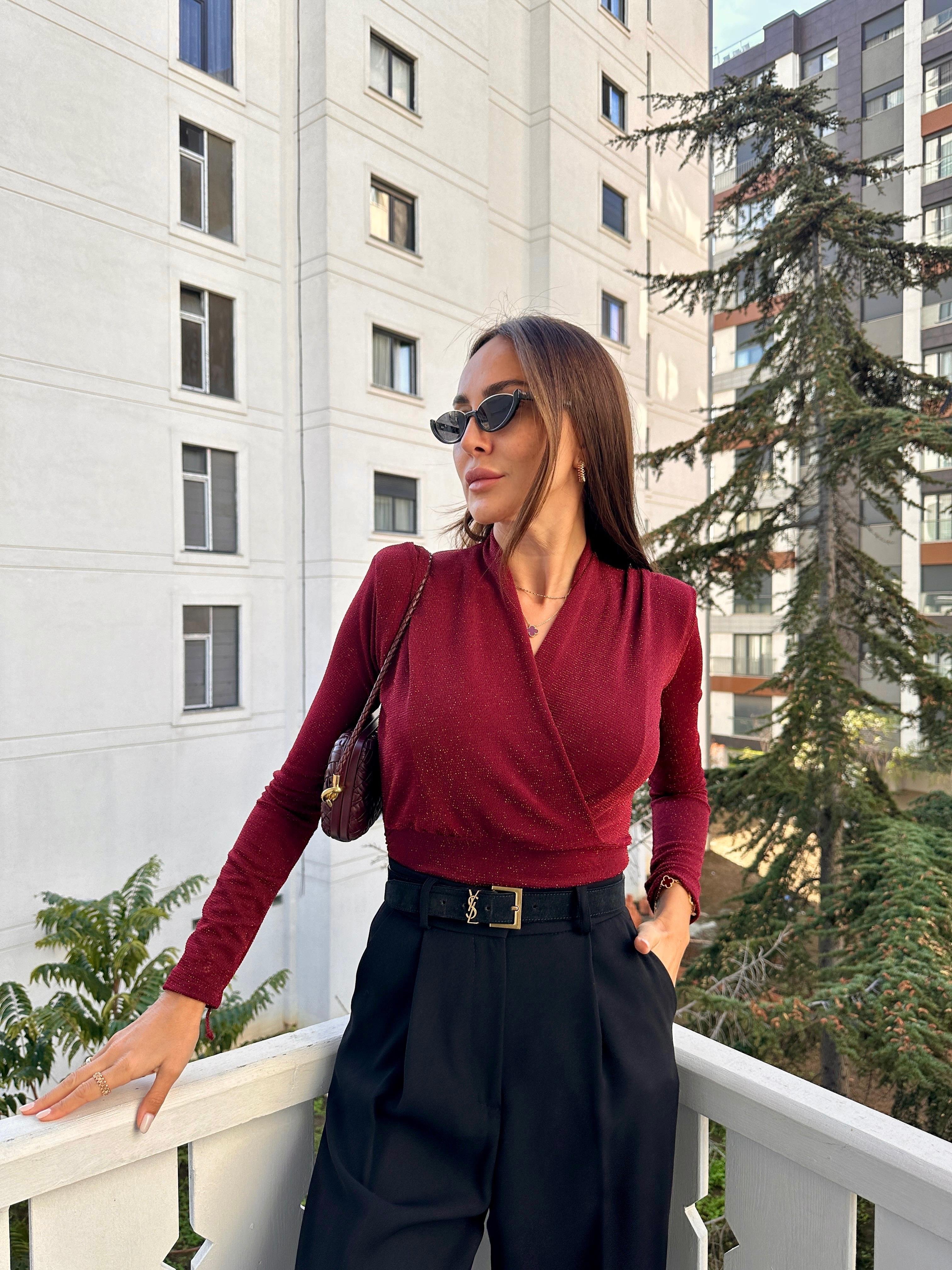 Bordo Vatkalı Sim Detaylı Bluz