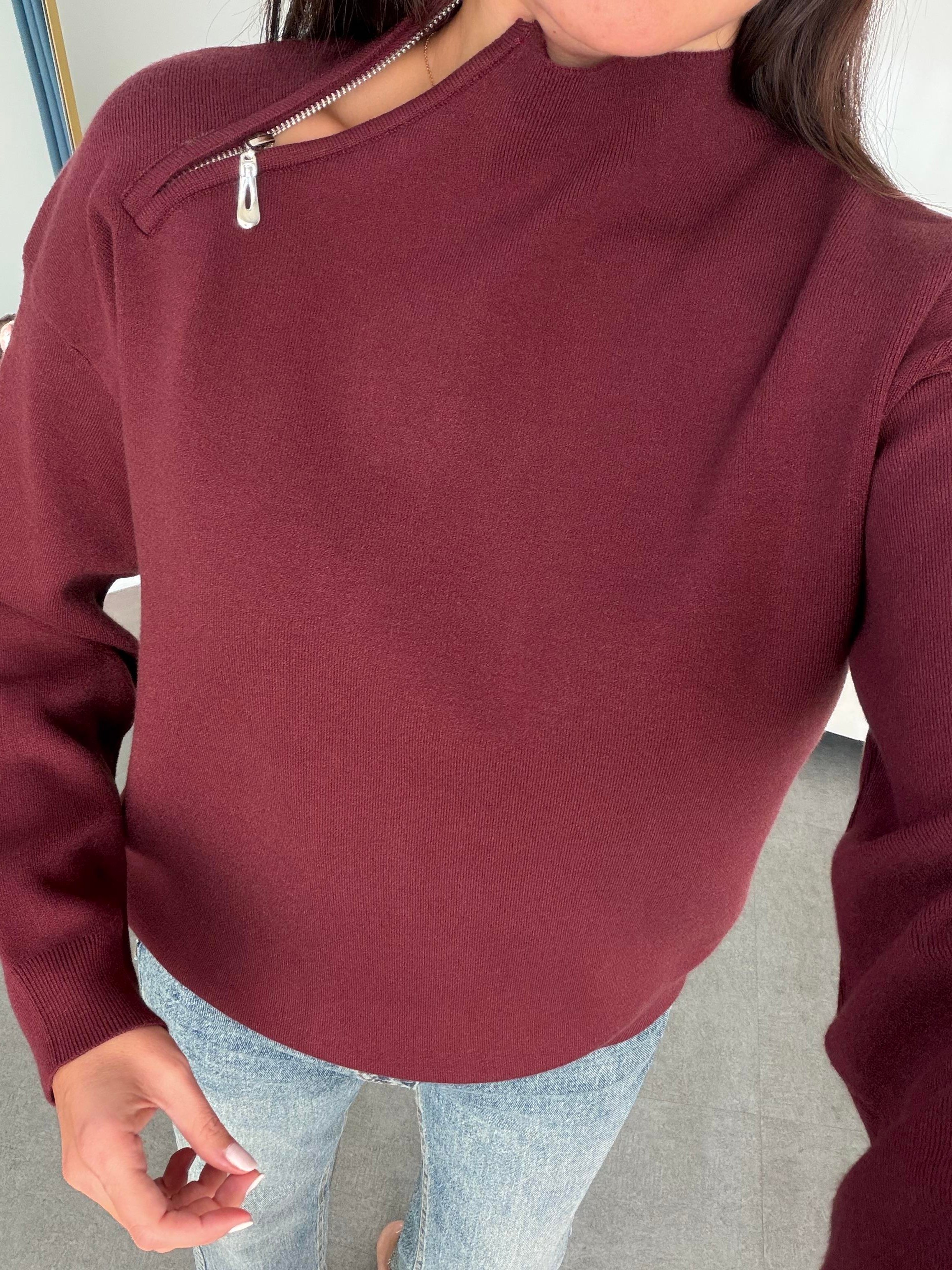 Bordo Yaka Fermuarlı Çelik Örme Triko