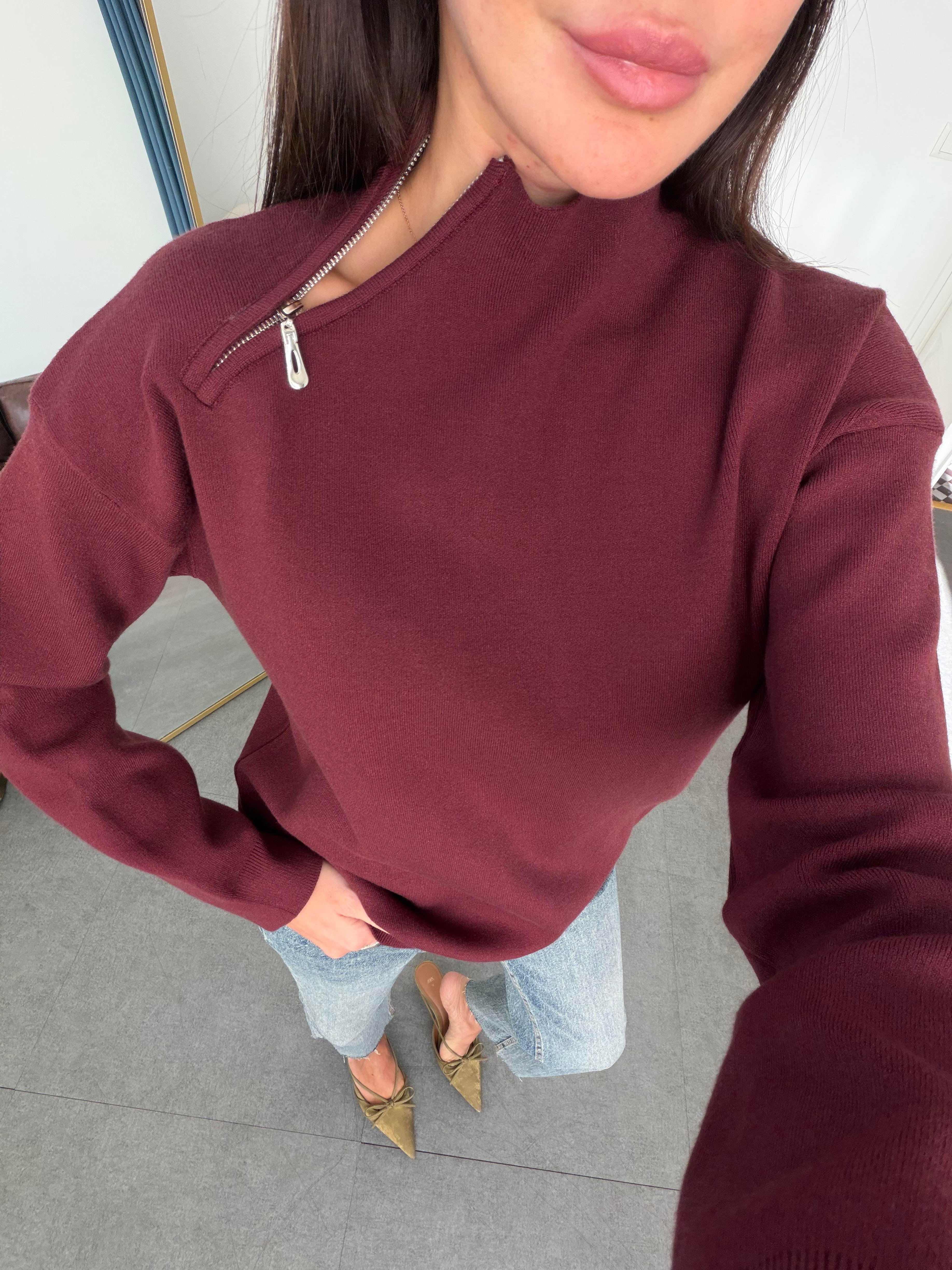 Bordo Yaka Fermuarlı Çelik Örme Triko
