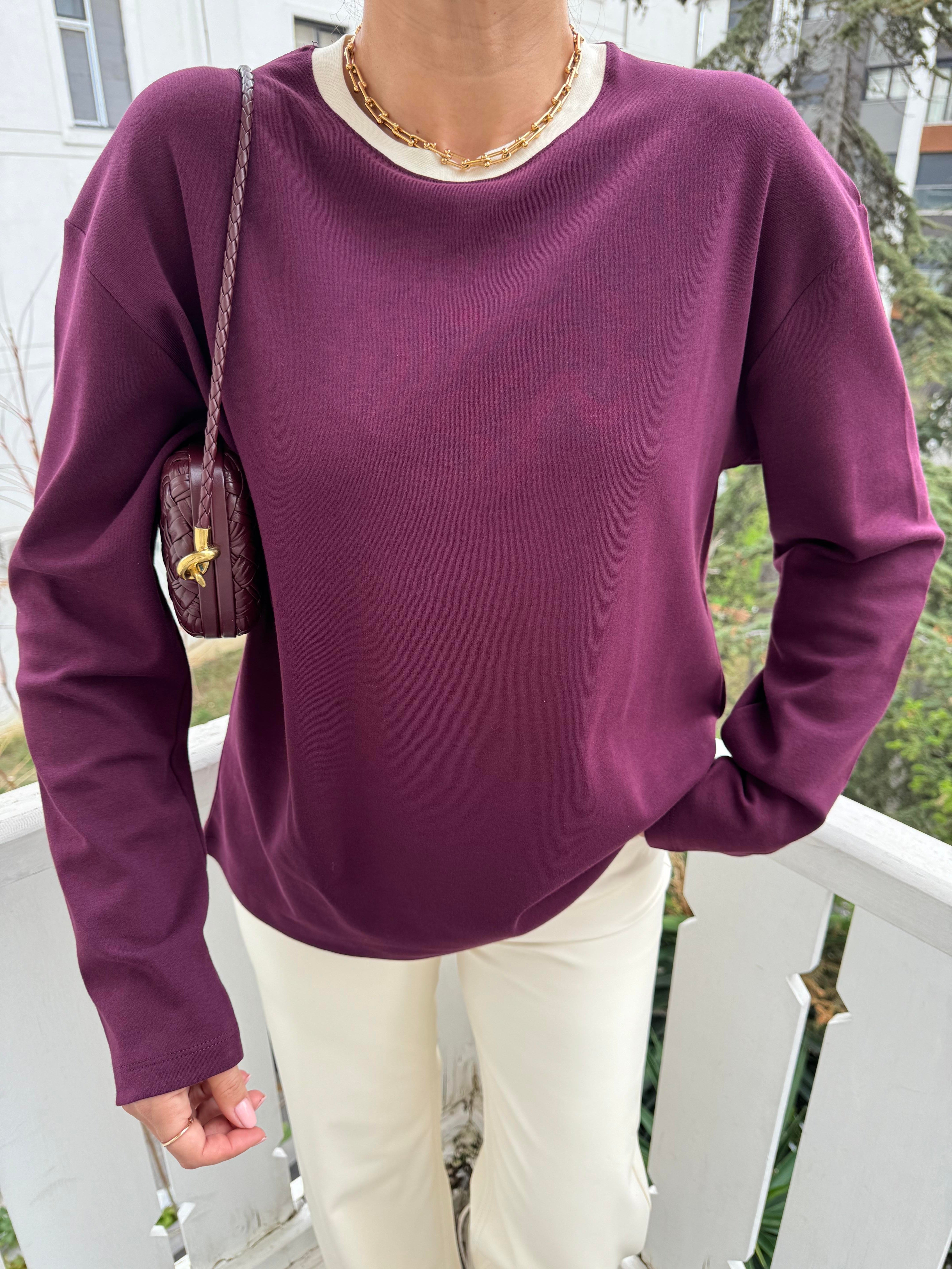 Bordo Yakası Beyaz Şeritli Sweatshirt