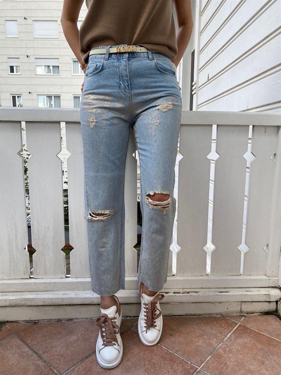 Buz Mavisi Simli Yırtık Jean Pantolon