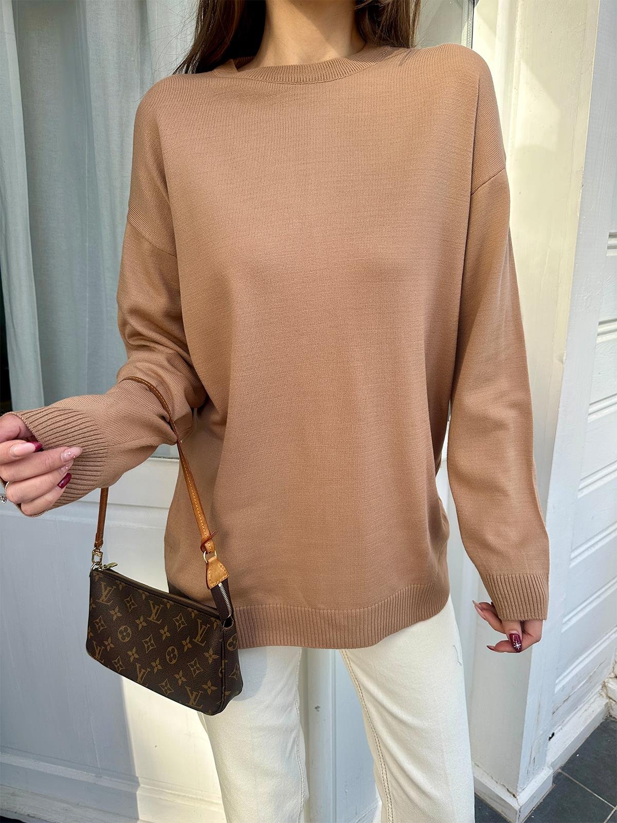 Camel Bisiklet Yaka Oversize Basic Kazak