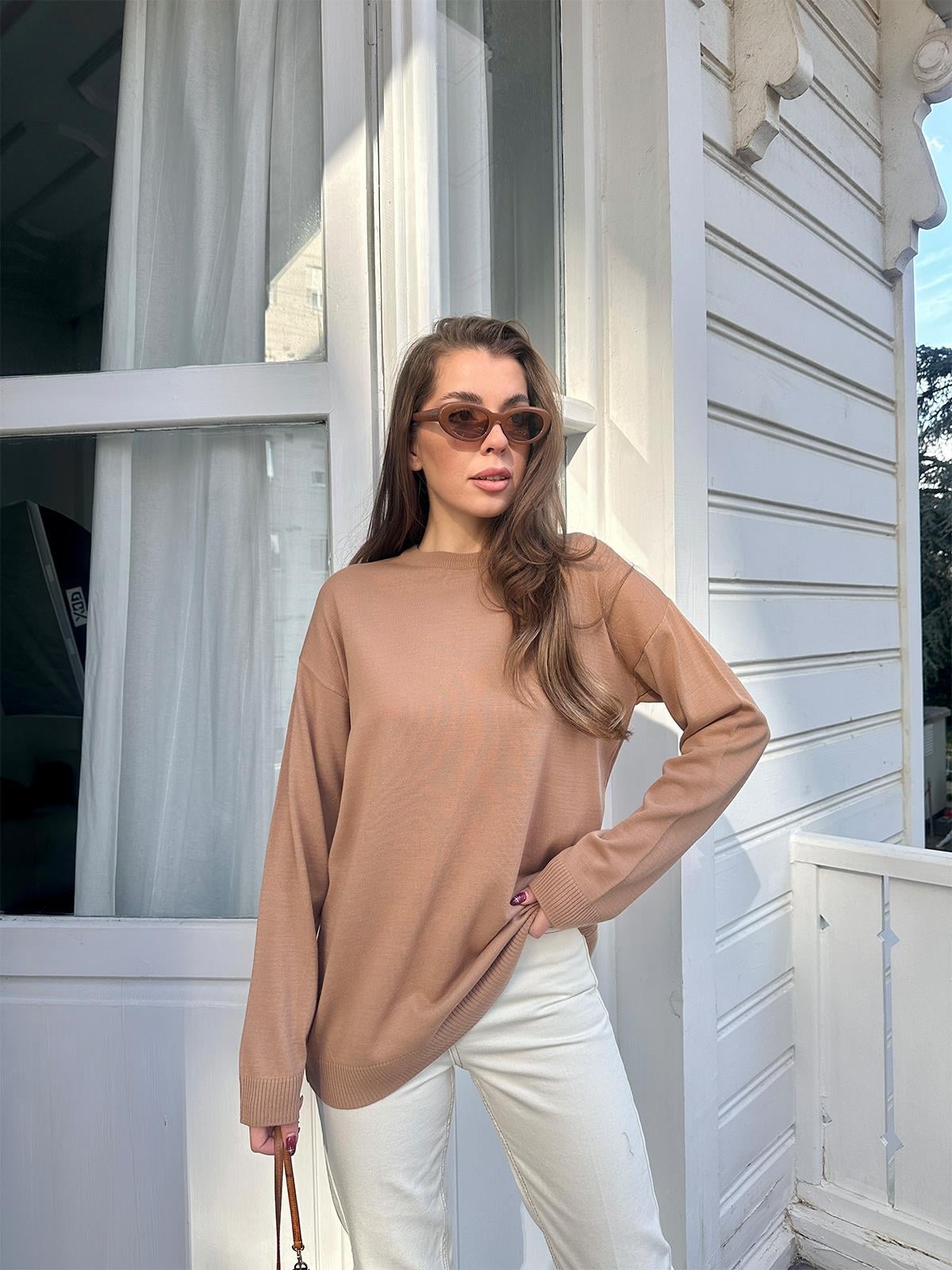 Camel Bisiklet Yaka Oversize Basic Kazak