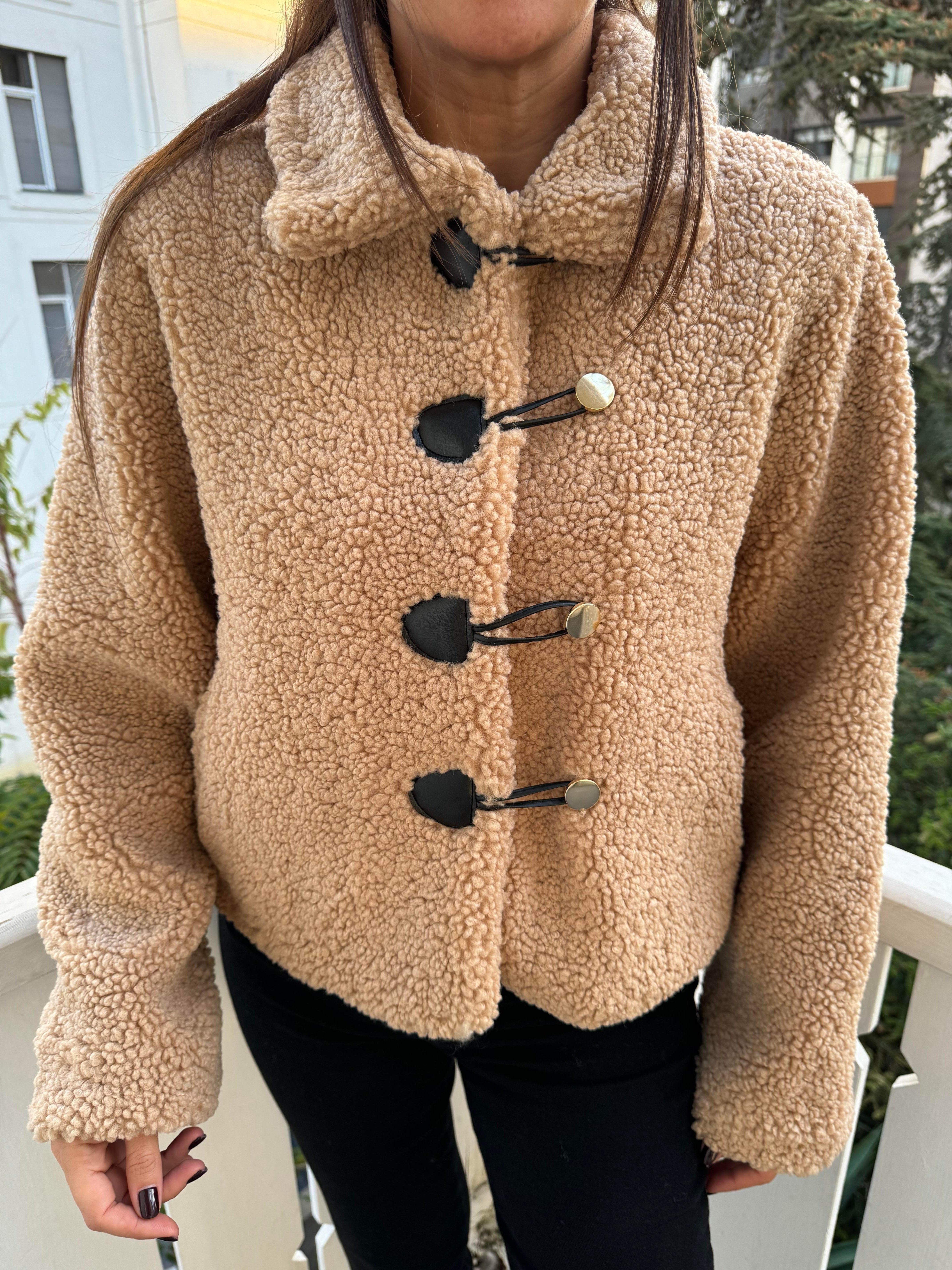 Camel Peluş Düğmeli Ceket