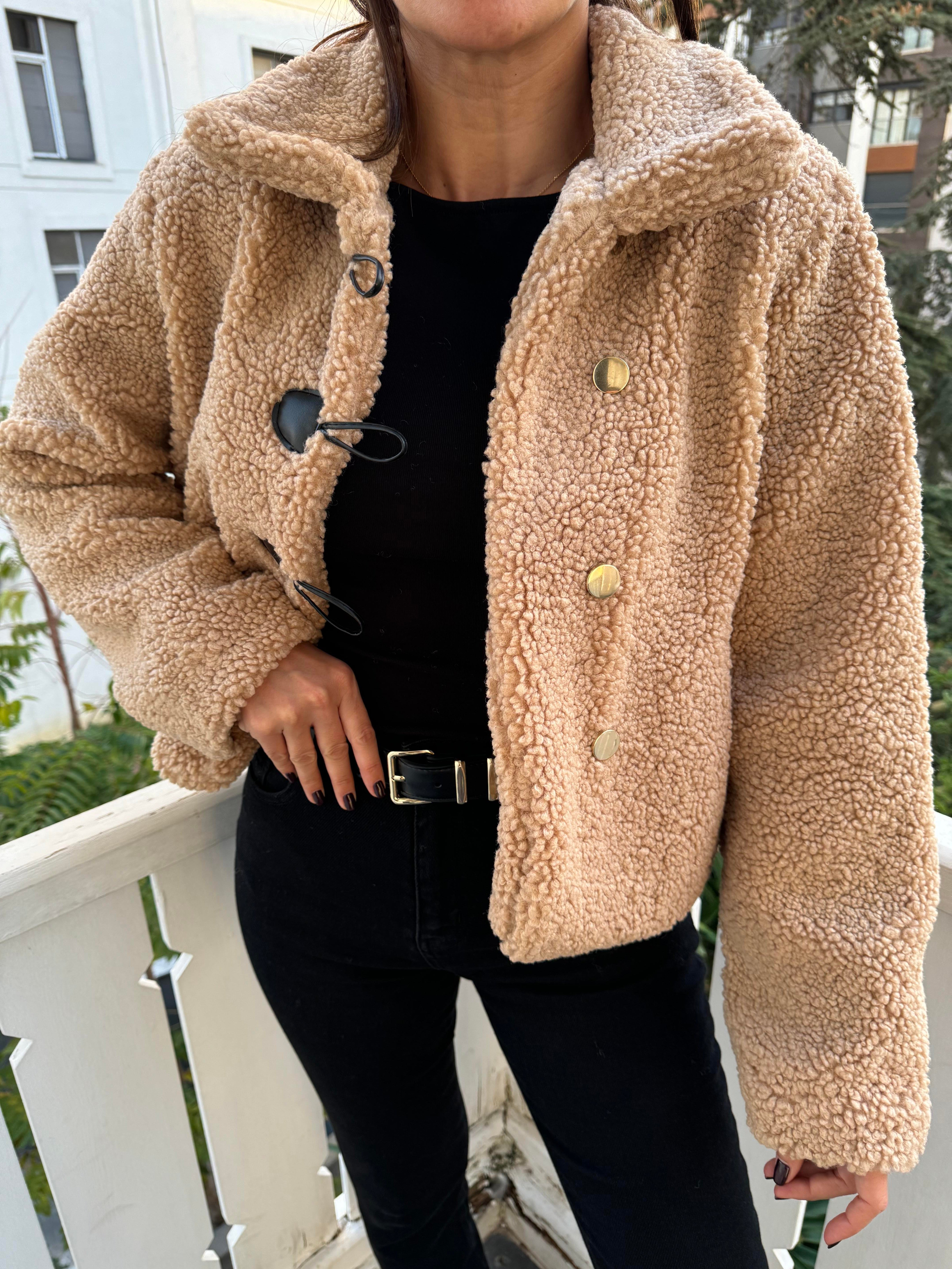 Camel Peluş Düğmeli Ceket