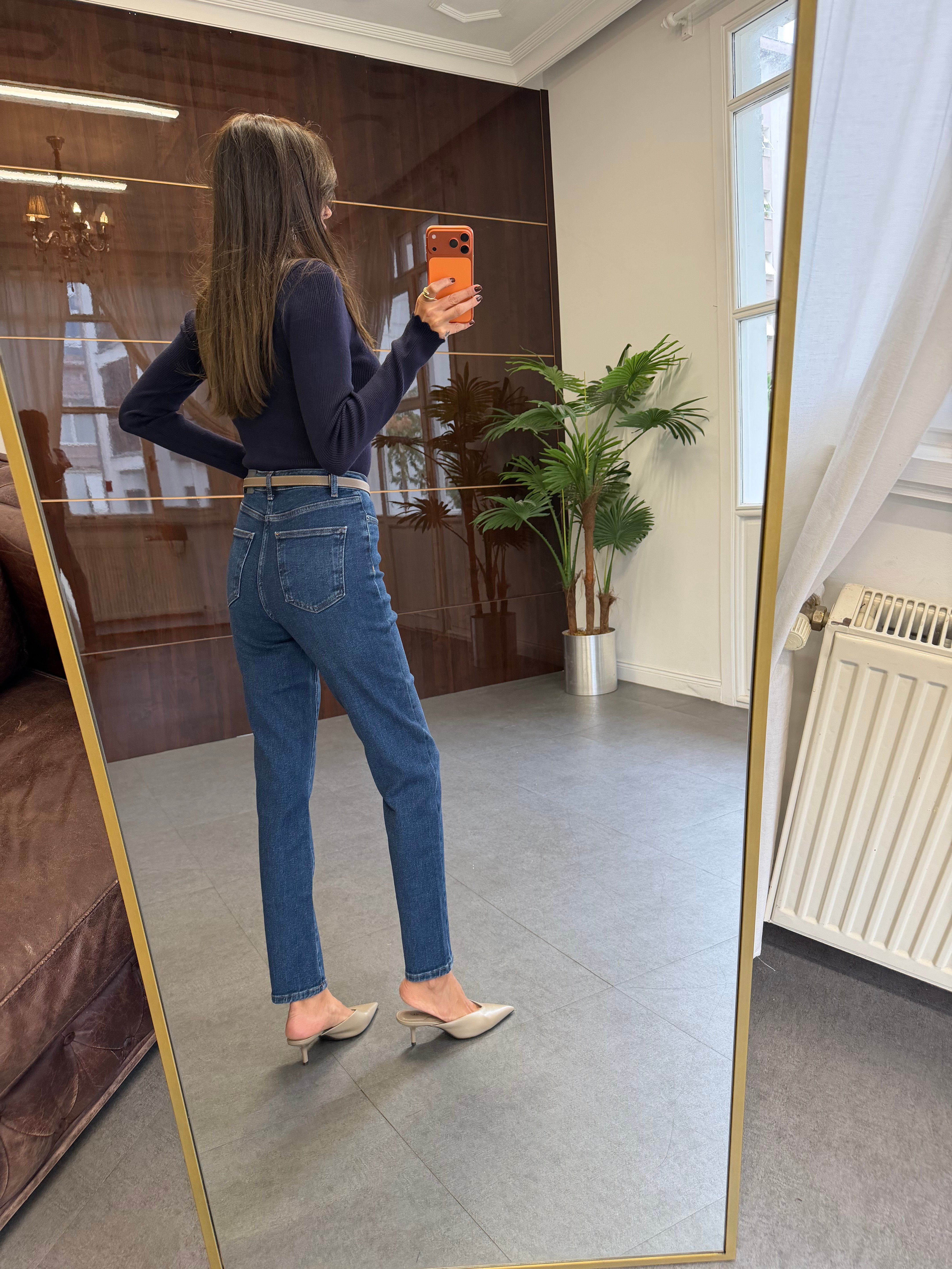 Dark Blue Mom Jean Pantolon