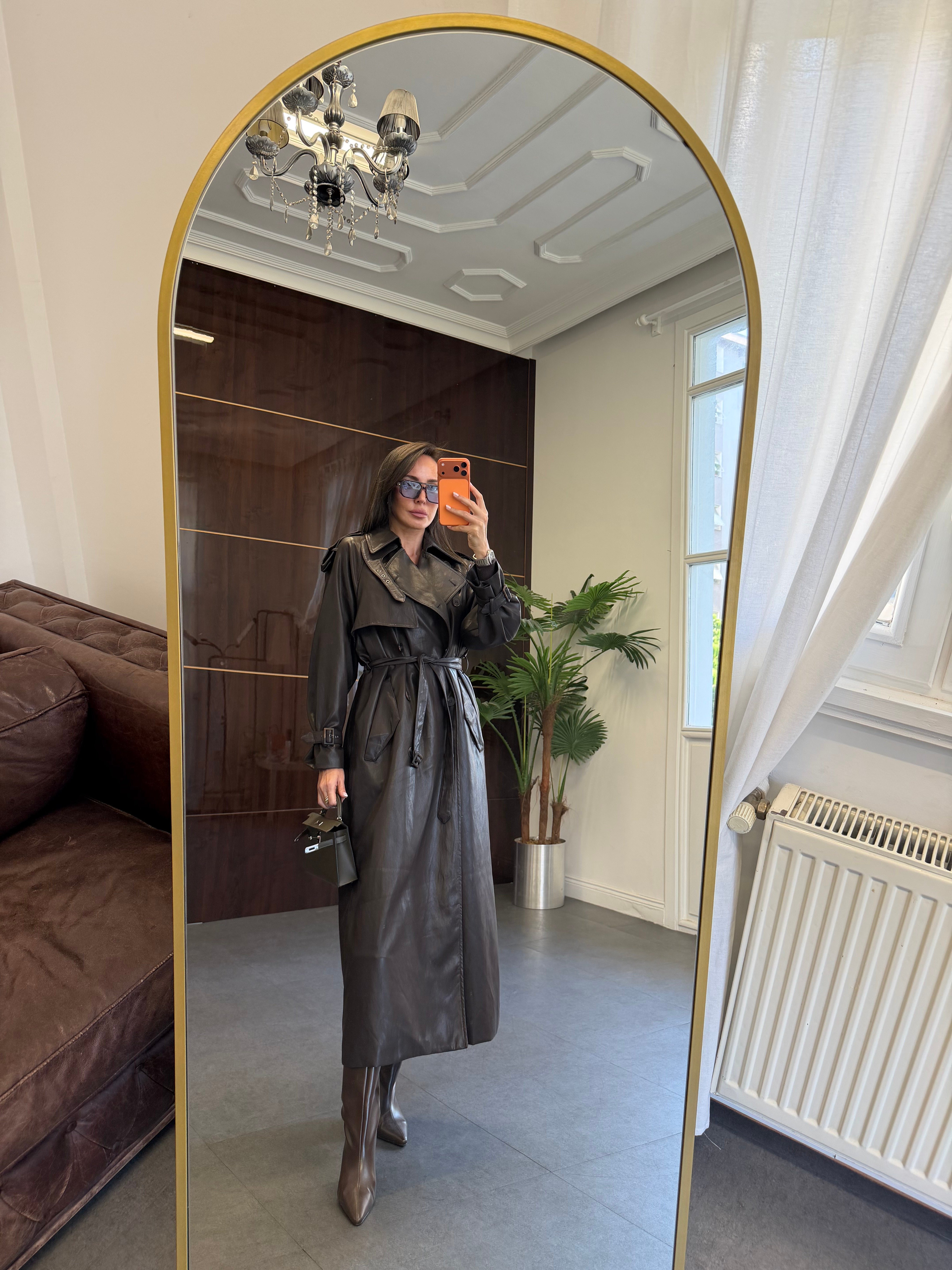 Dark Brown Deri Kuşaklı Trençkot