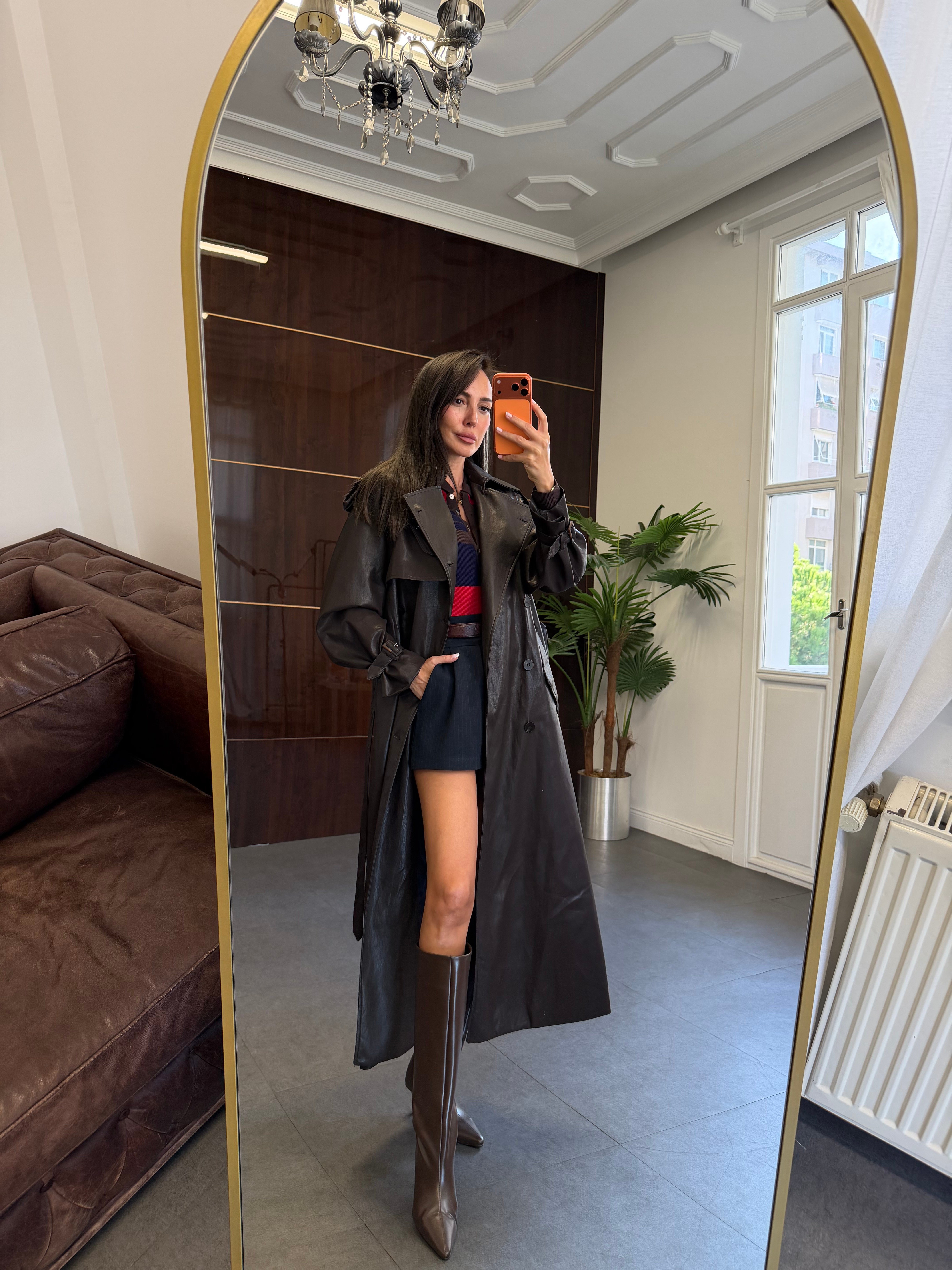 Dark Brown Deri Kuşaklı Trençkot