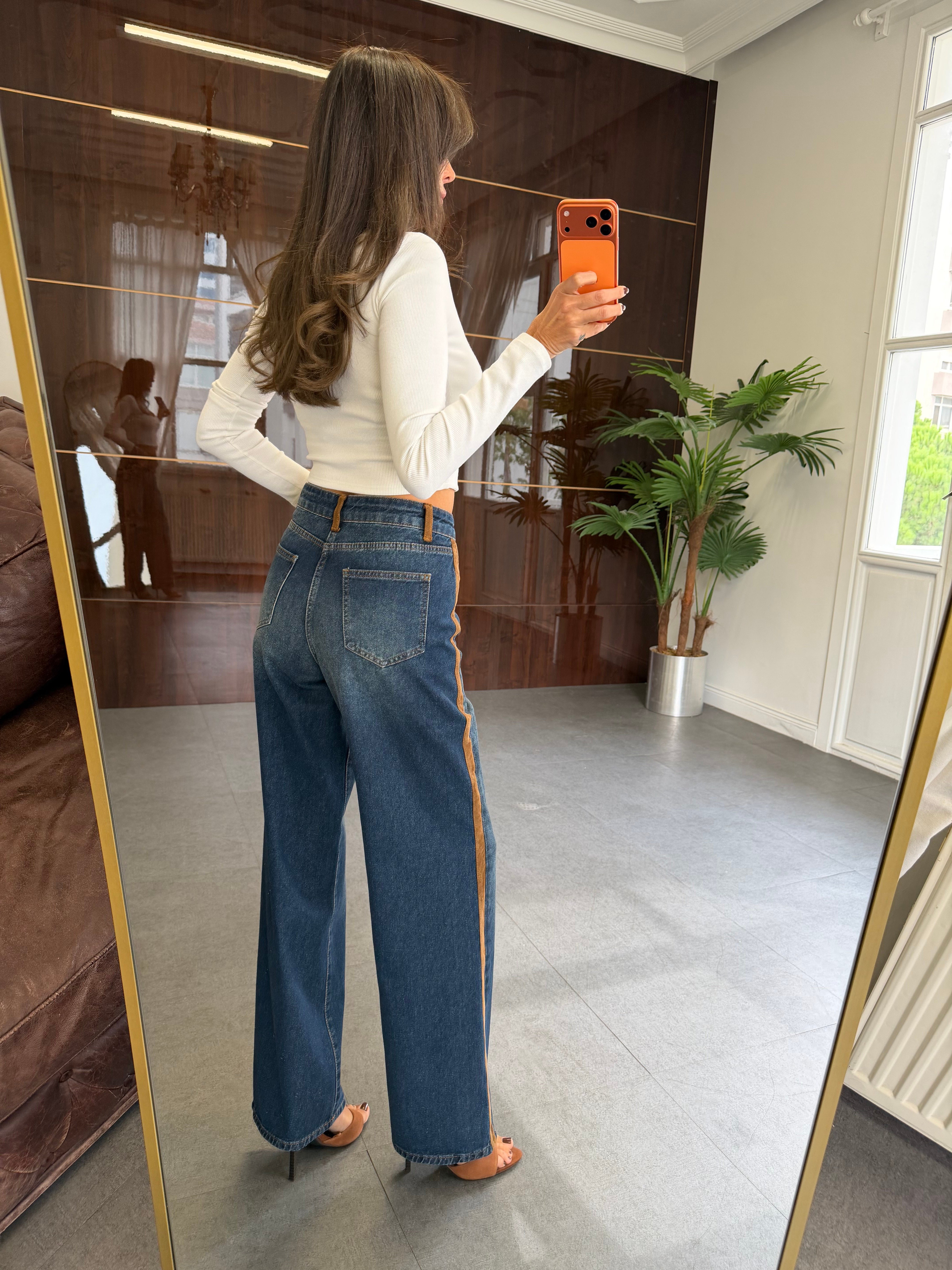 Dark İndigo Süet Garnili Wide Leg Jean Pantolon