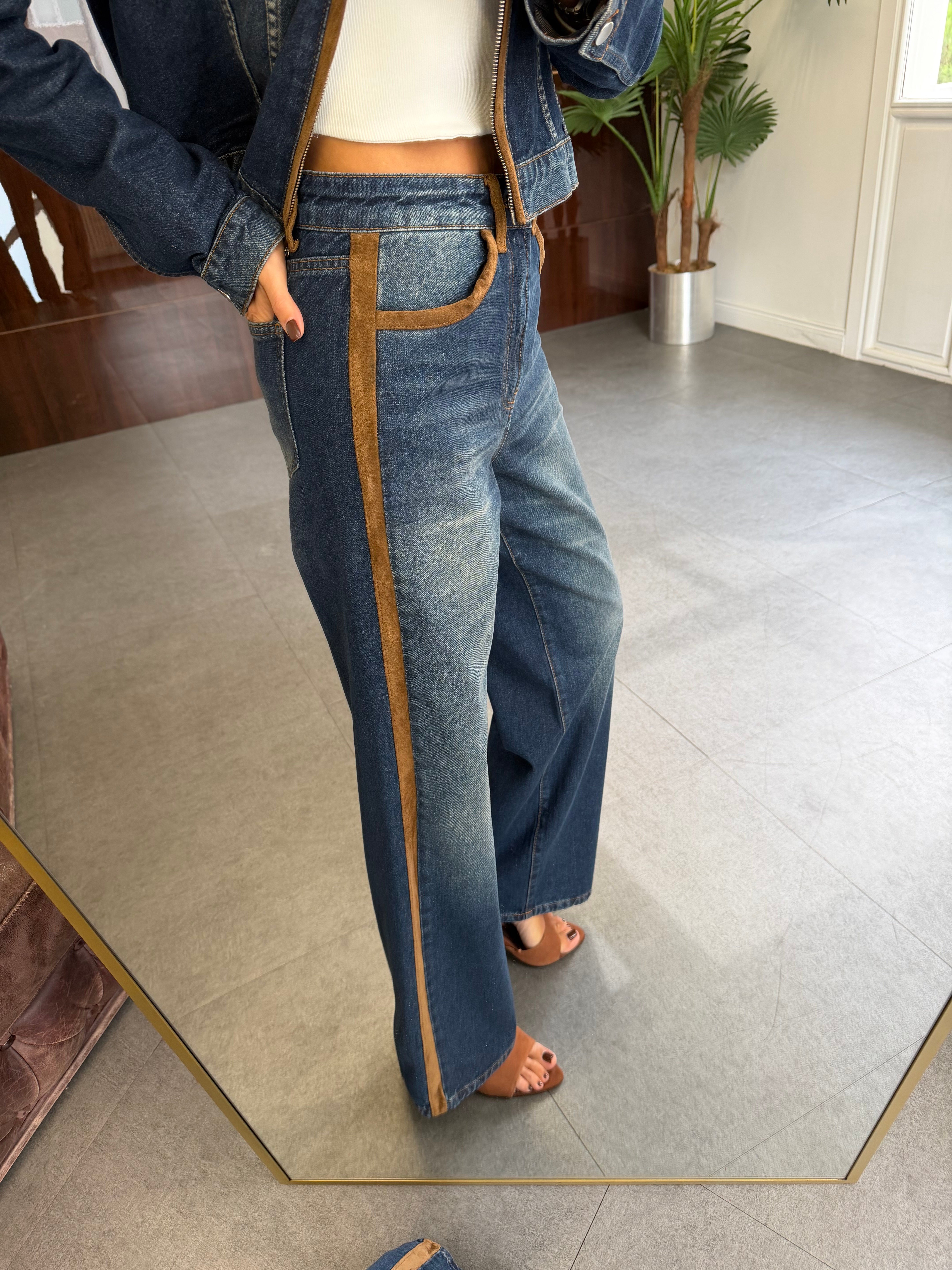 Dark İndigo Süet Garnili Wide Leg Jean Pantolon