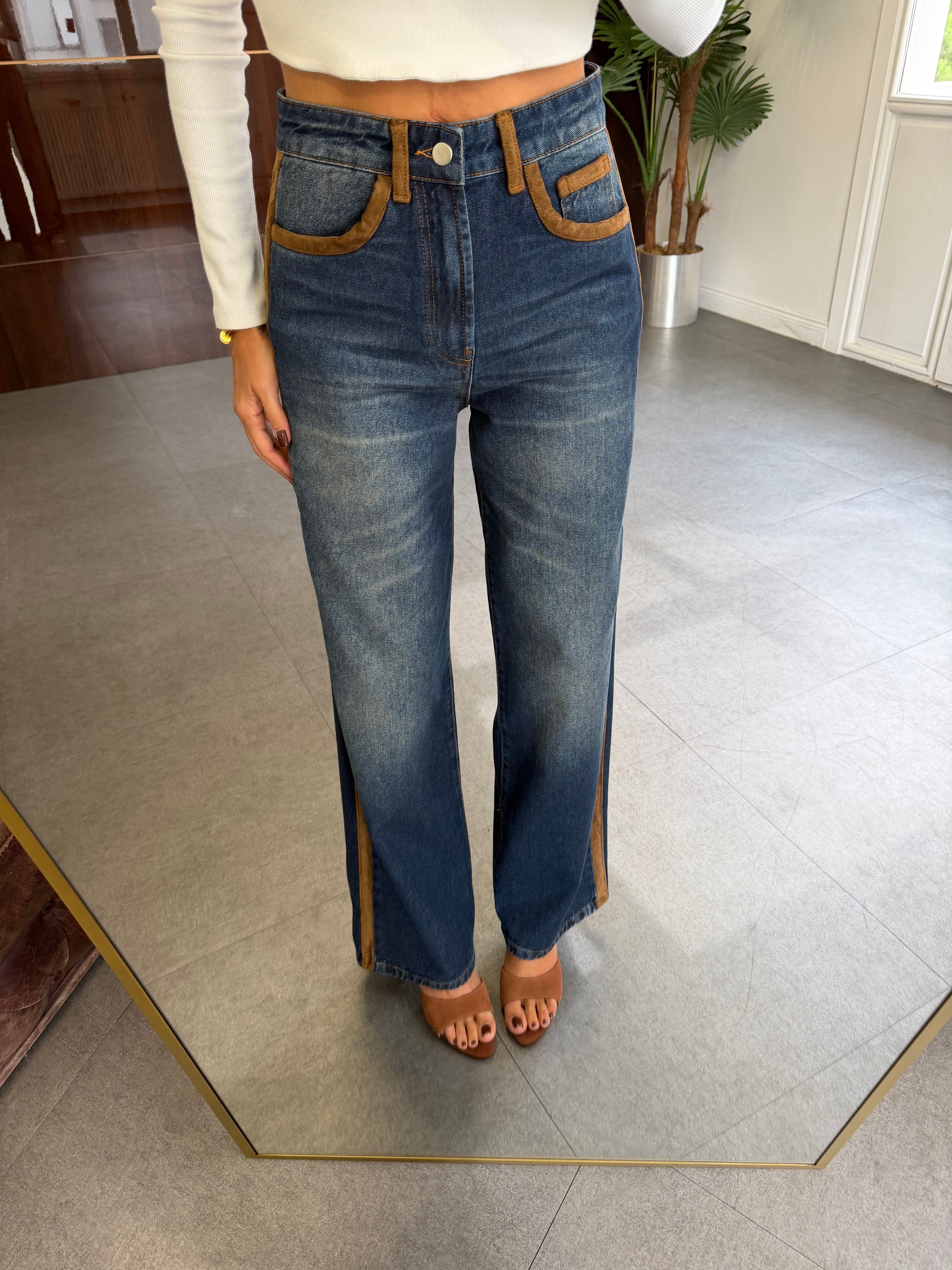 Dark İndigo Süet Garnili Wide Leg Jean Pantolon