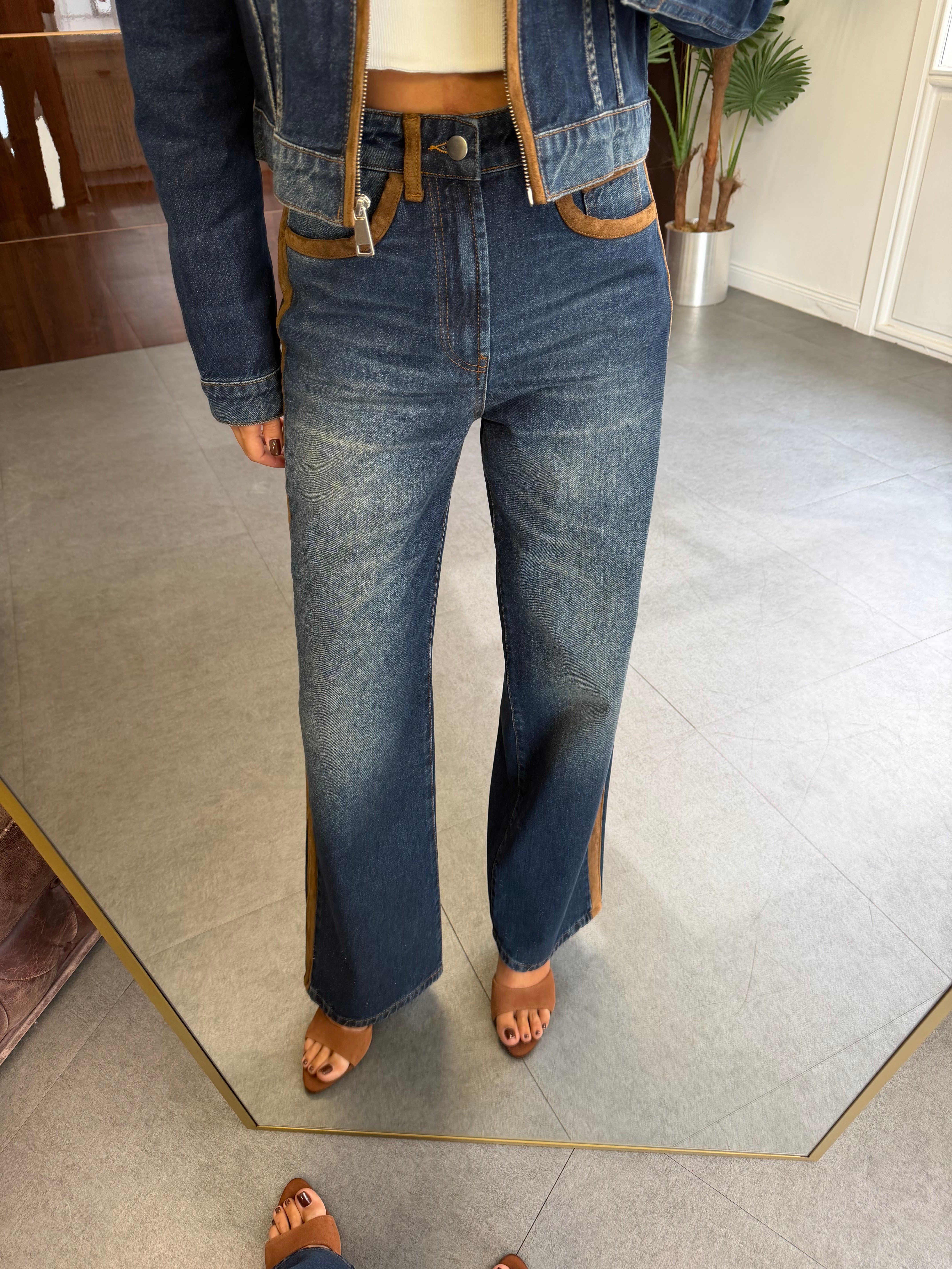 Dark İndigo Süet Garnili Wide Leg Jean Pantolon