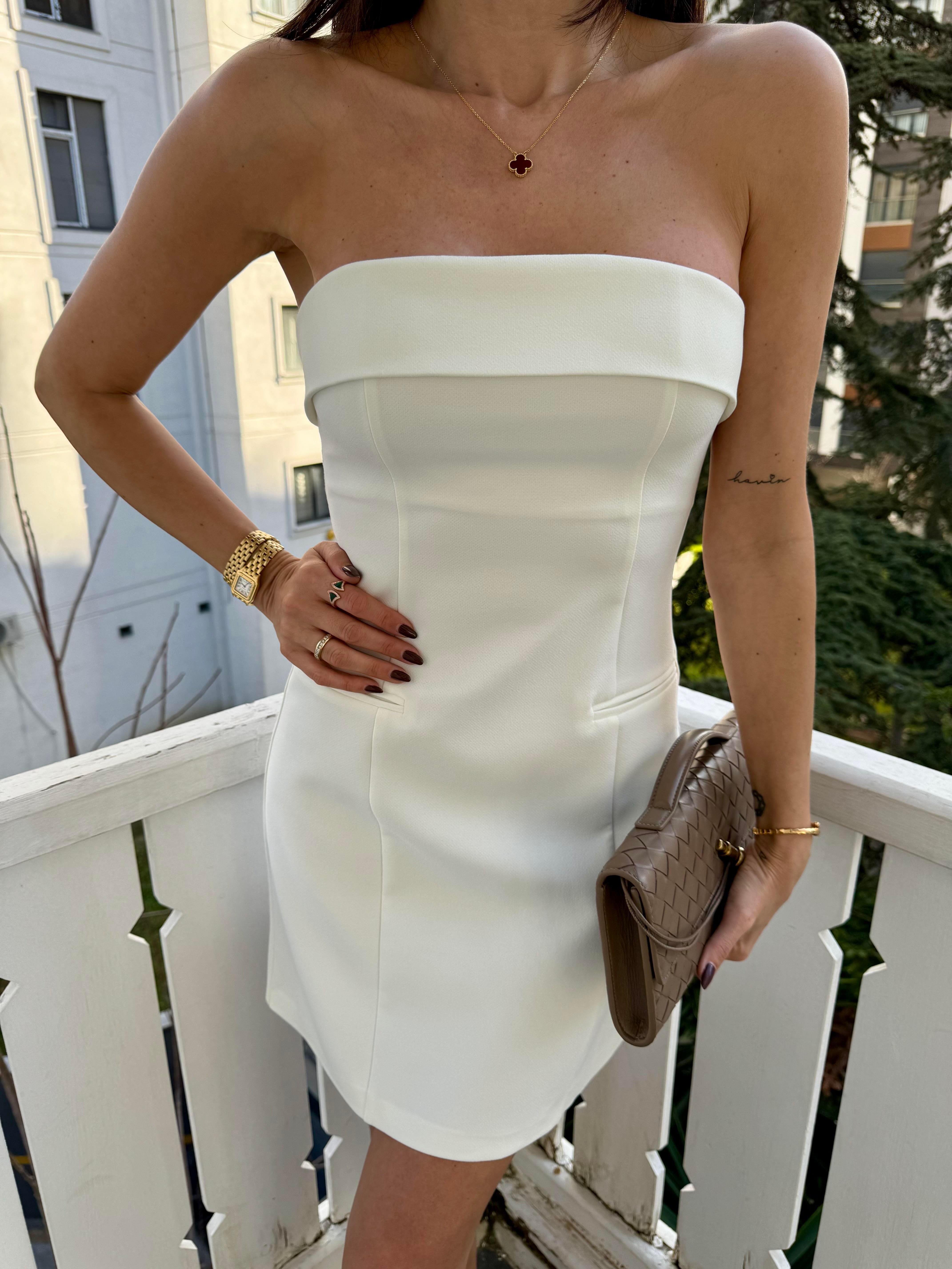 Ekru Askılı Mini Elbise