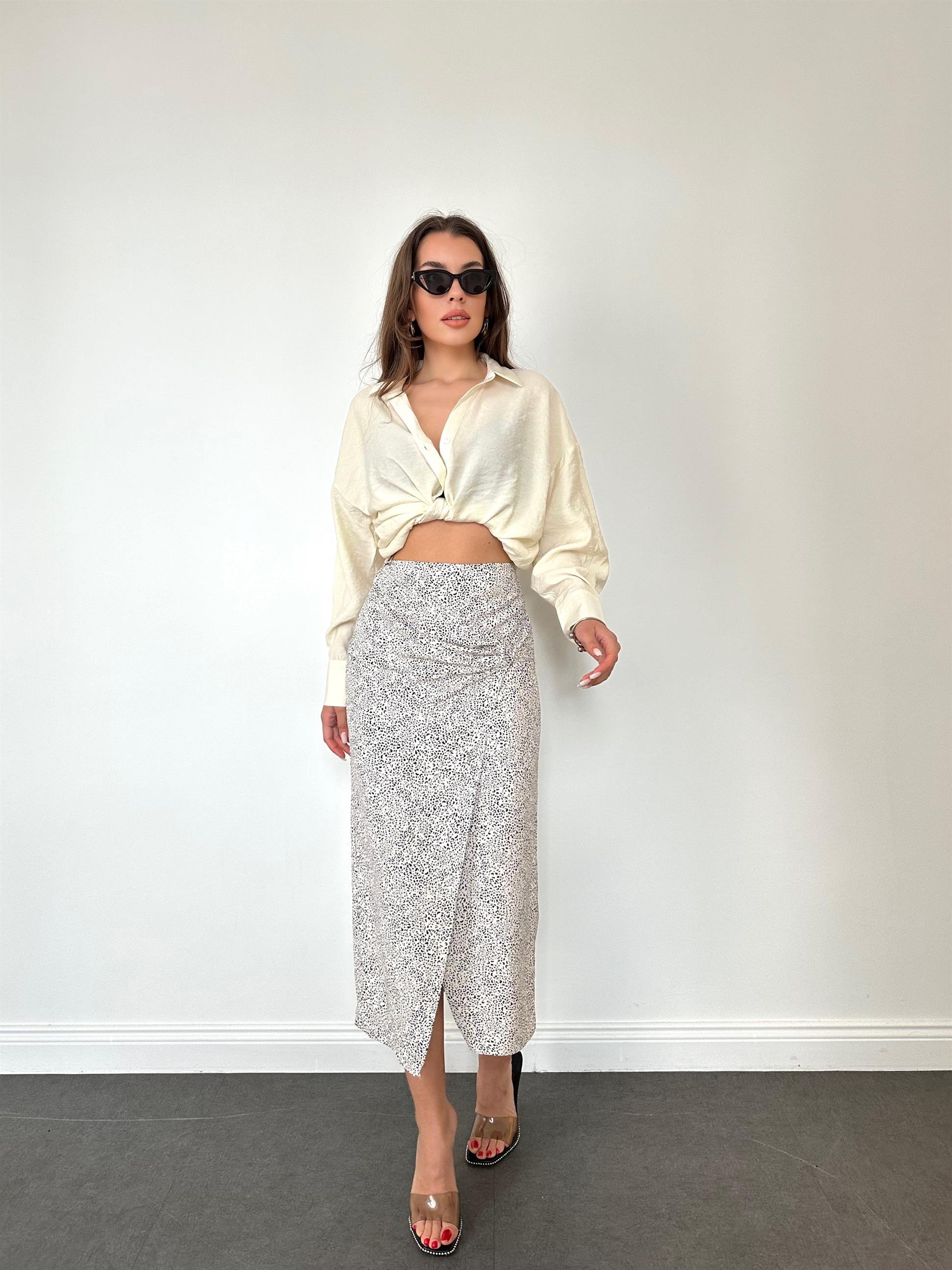 Ekru  Benekli Midi Etek