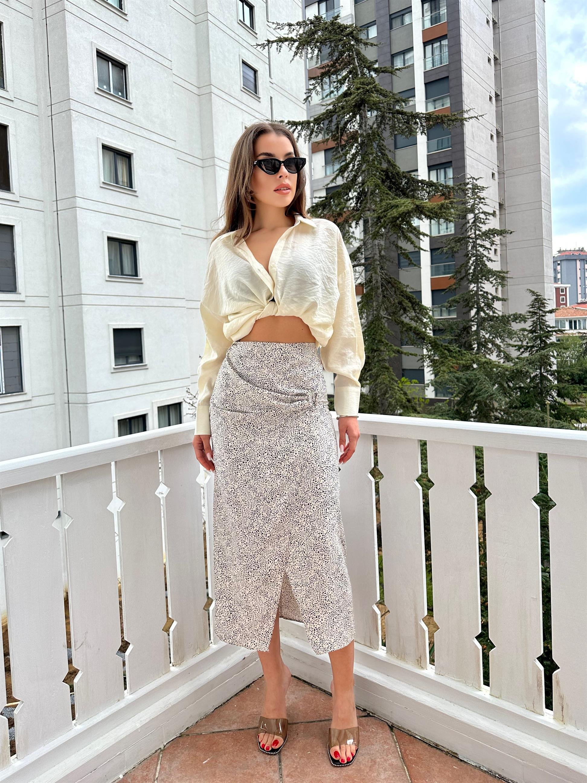 Ekru  Benekli Midi Etek