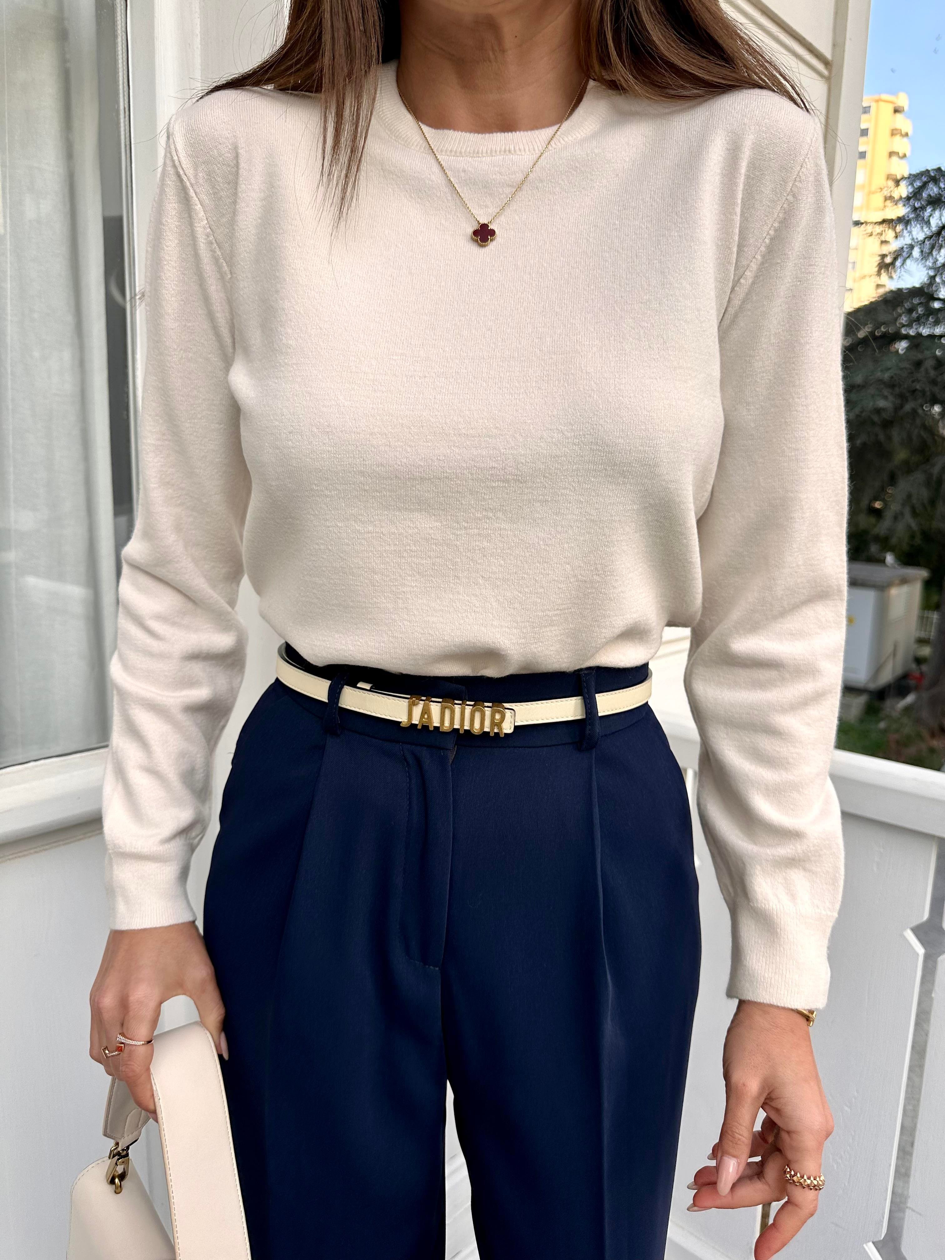 Ekru Bisiklet Yaka Basic Triko