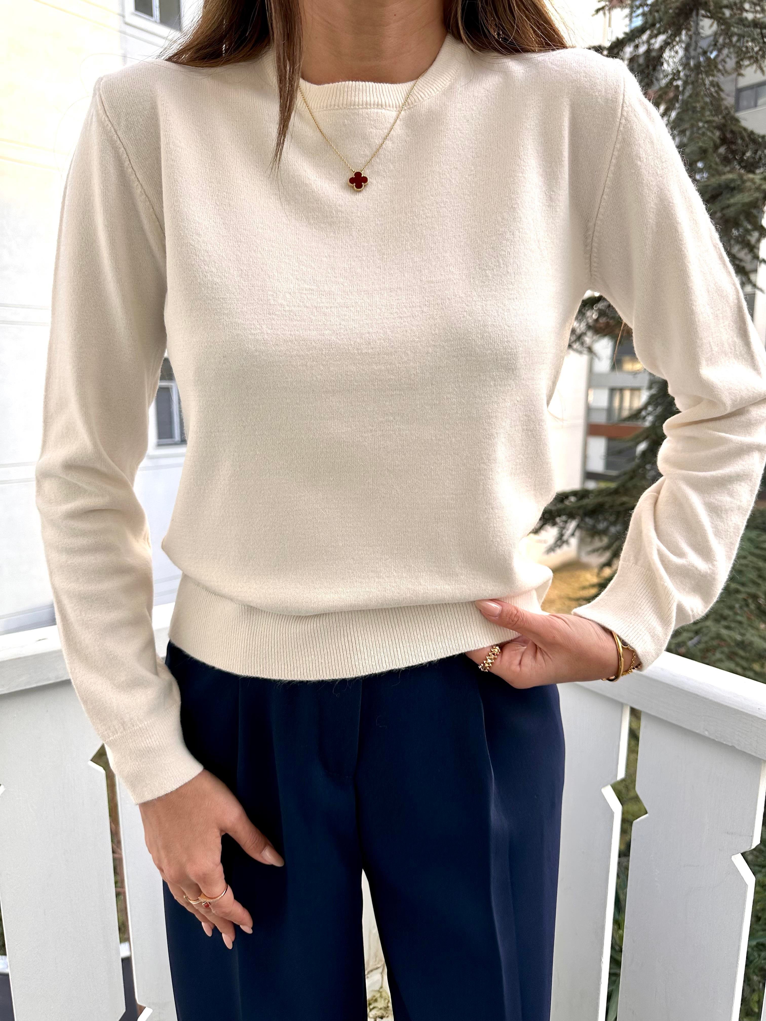 Ekru Bisiklet Yaka Basic Triko