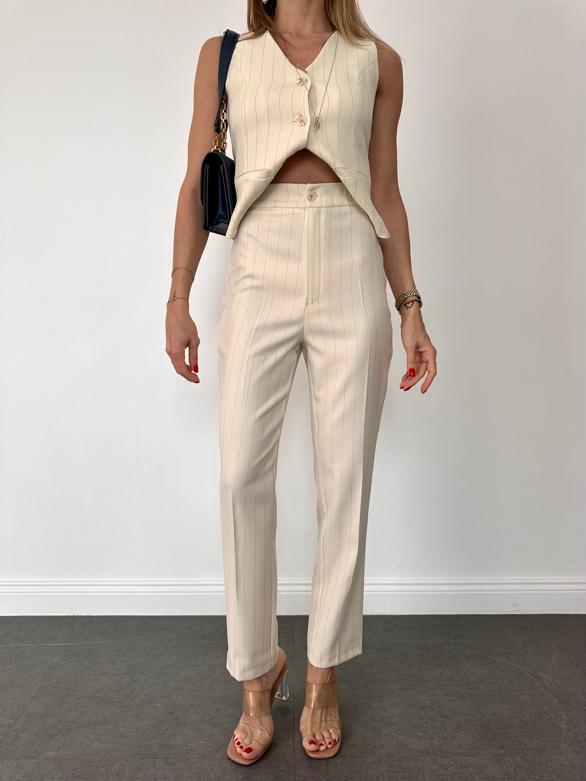 Ekru  Çizgili Kumaş Pantolon