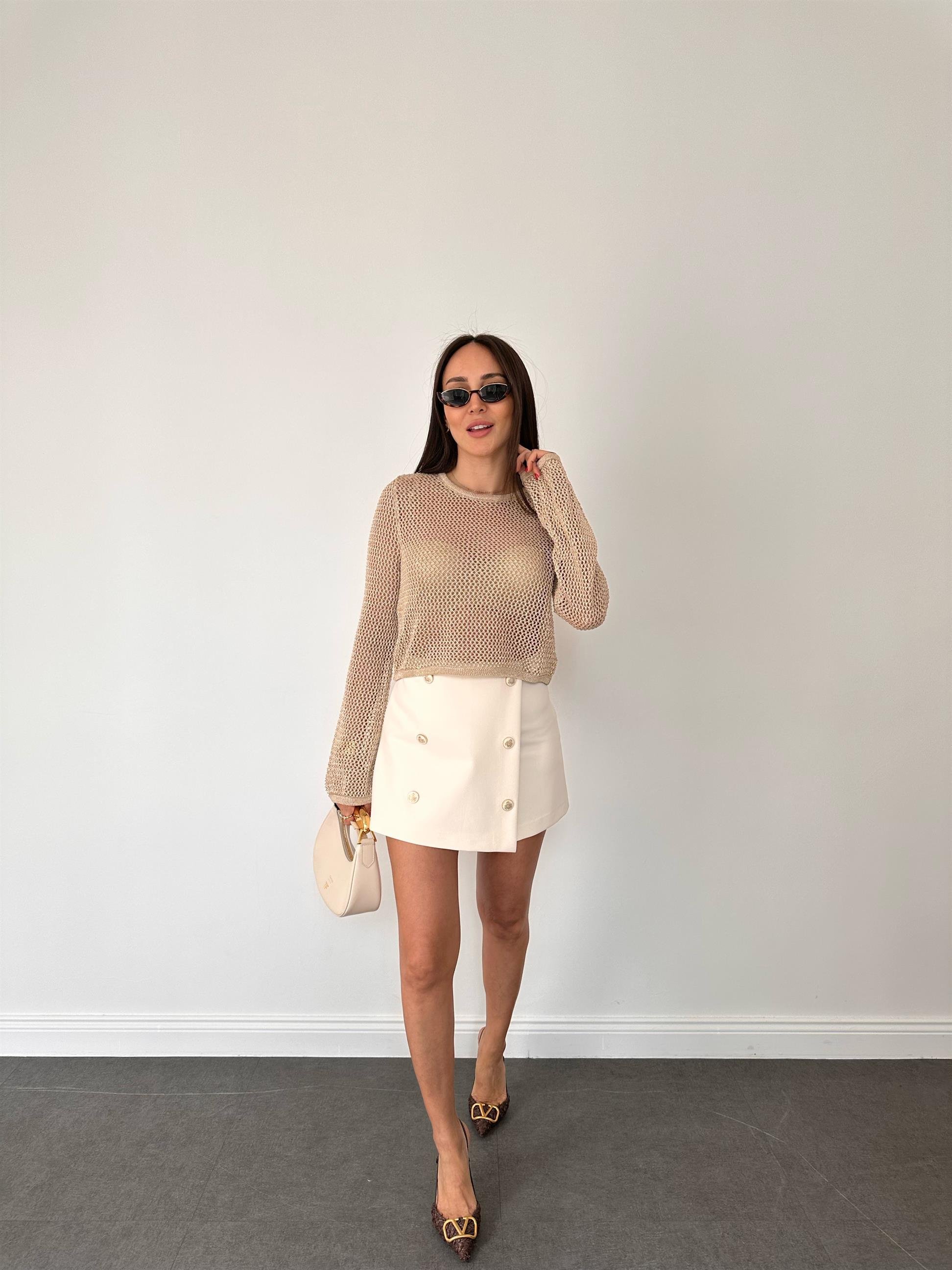 Ekru Dore Düğmeli Şort