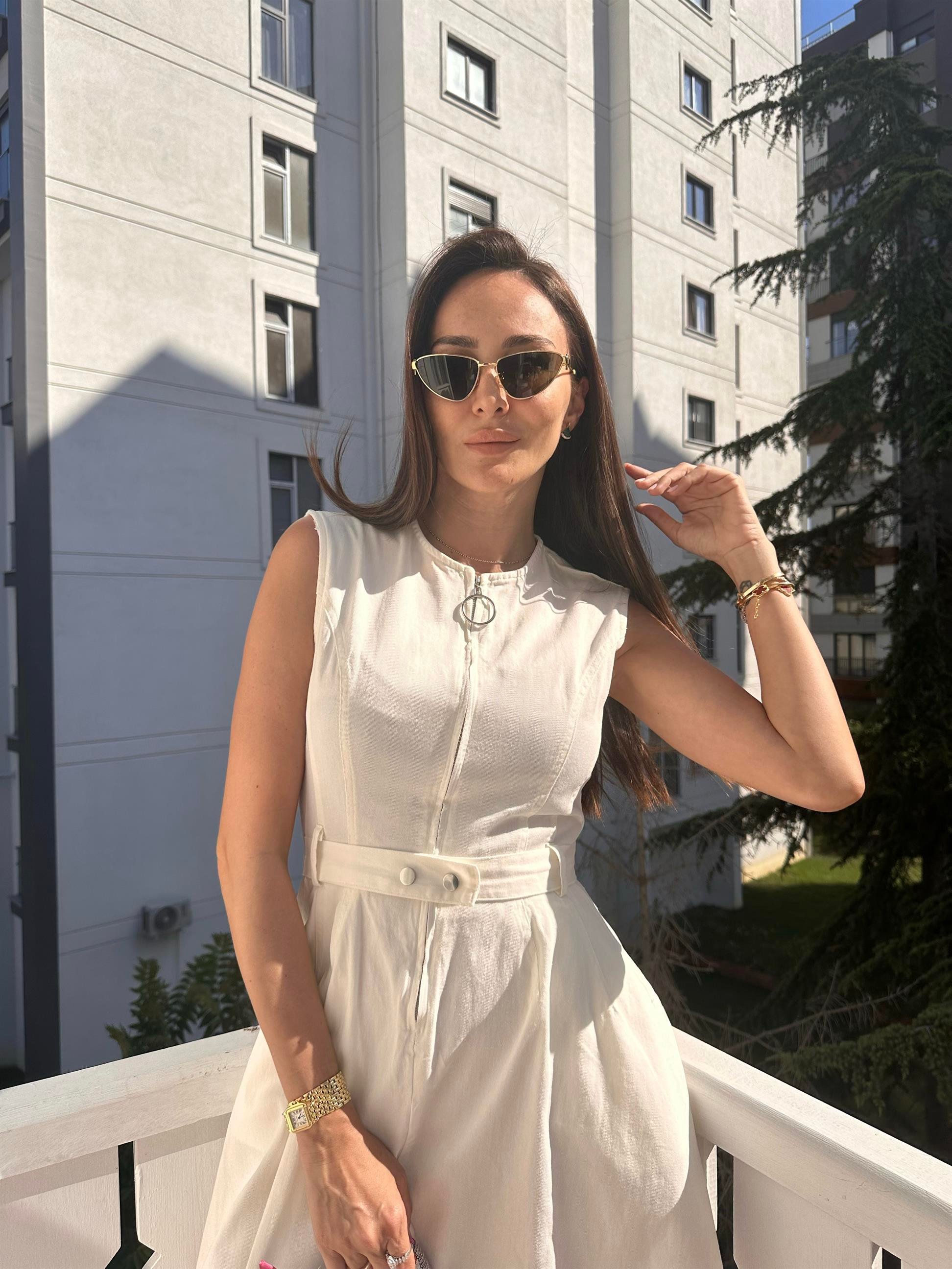 Ekru  Fermuarlı Denim Elbise
