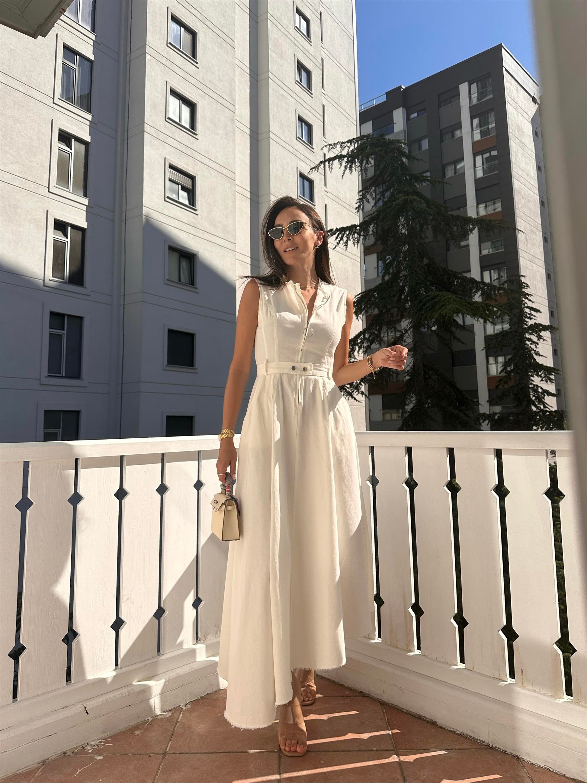 Ekru  Fermuarlı Denim Elbise