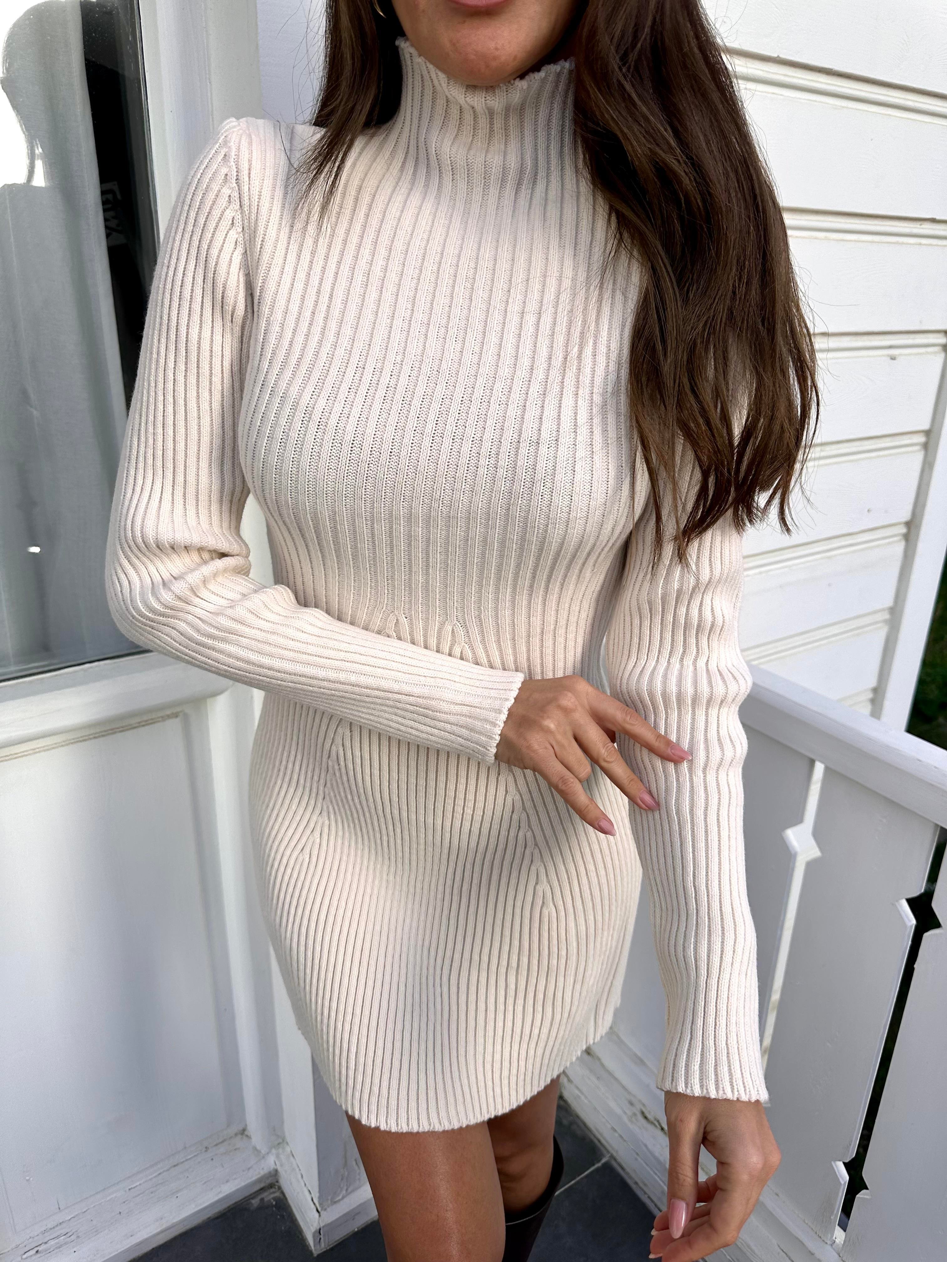 Ekru Fitilli Triko Mini Elbise