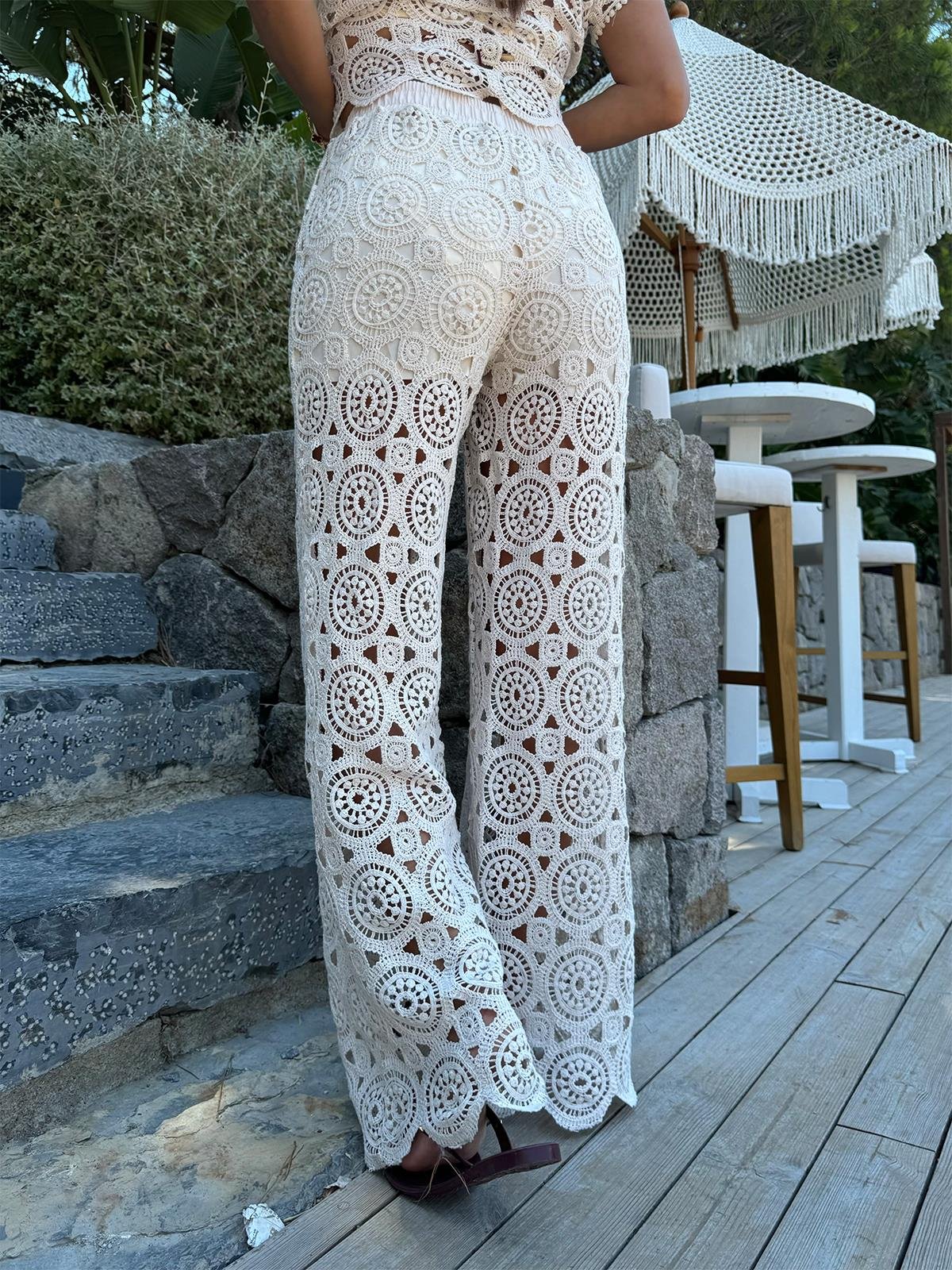 Ekru Güpür İşleme Pantolon Takım