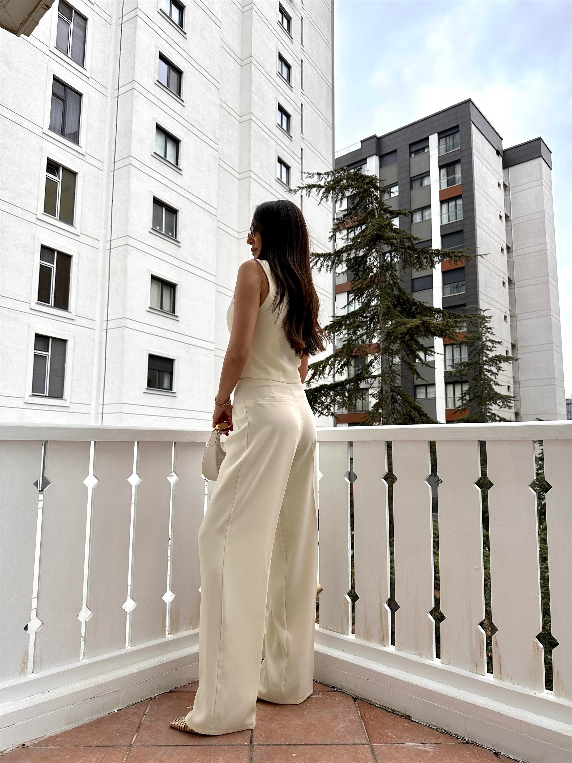Ekru İki Pileli Palazzo Pantolon