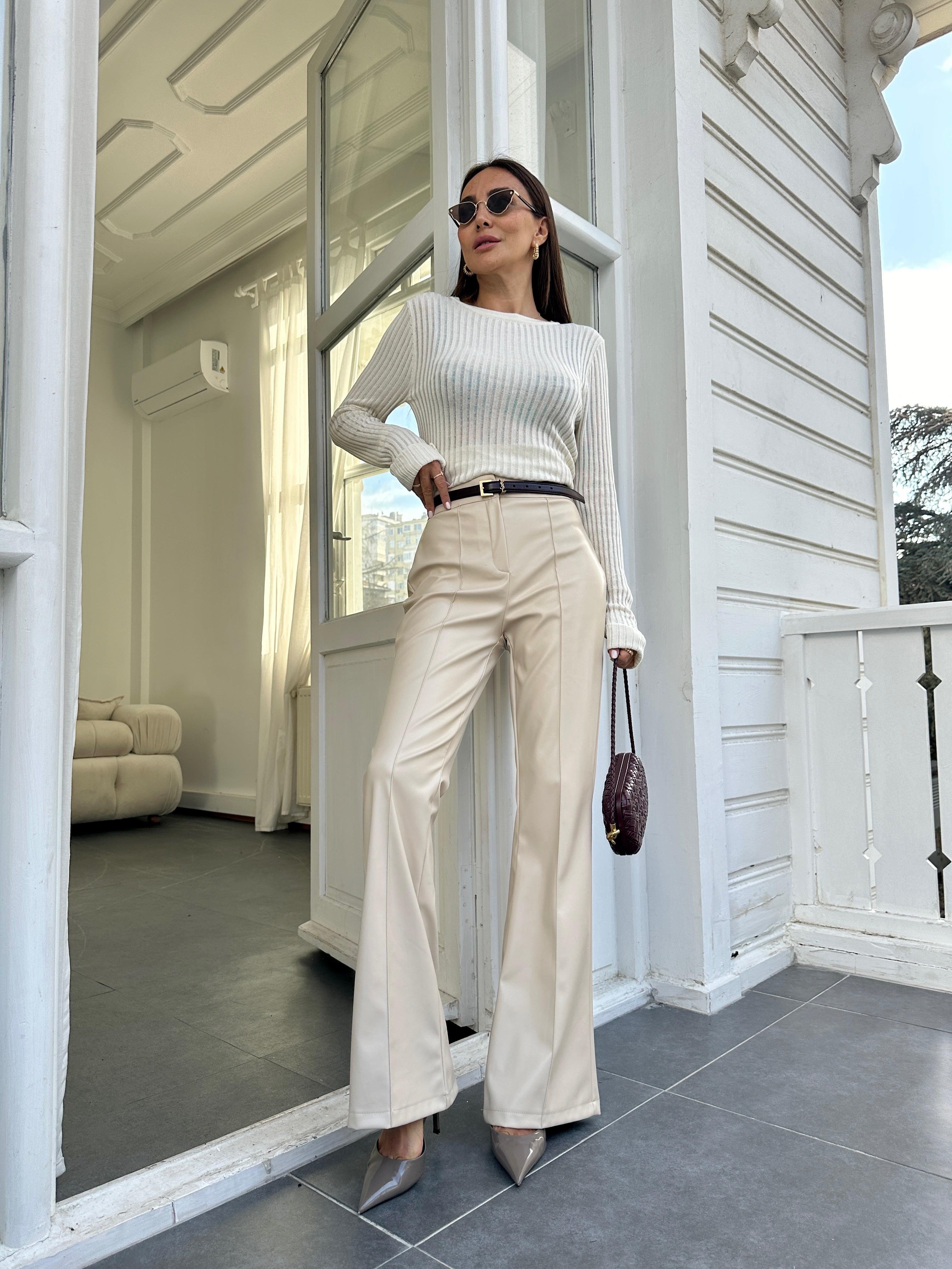 Ekru İspanyol Paça Deri Pantolon