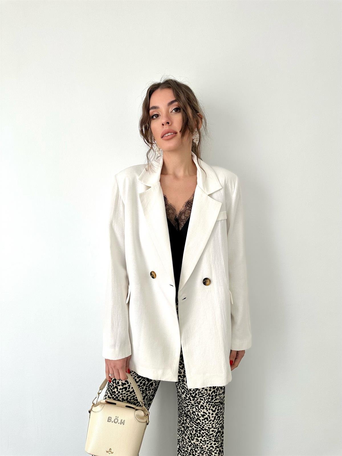 Ekru  Keten Blazer Ceket