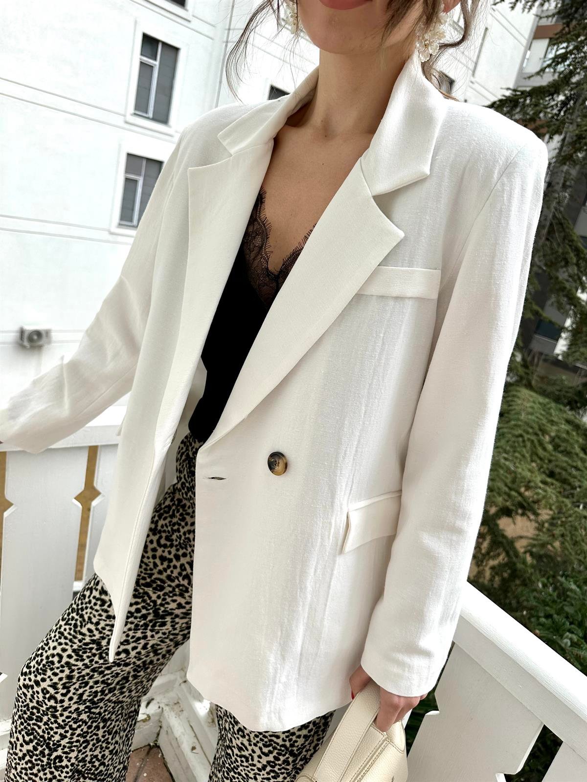 Ekru  Keten Blazer Ceket