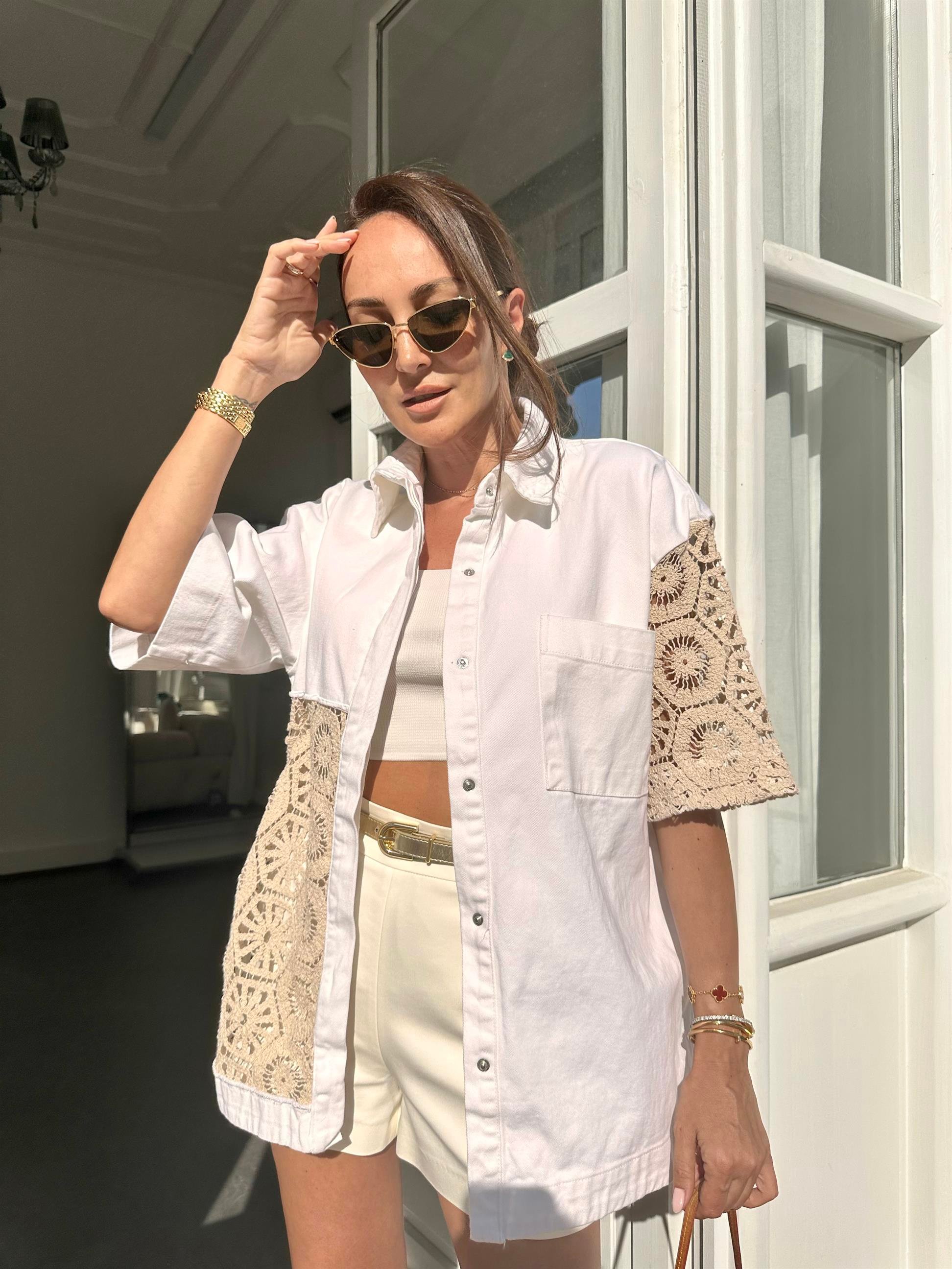 Ekru  Kısa Kol Denim Ceket