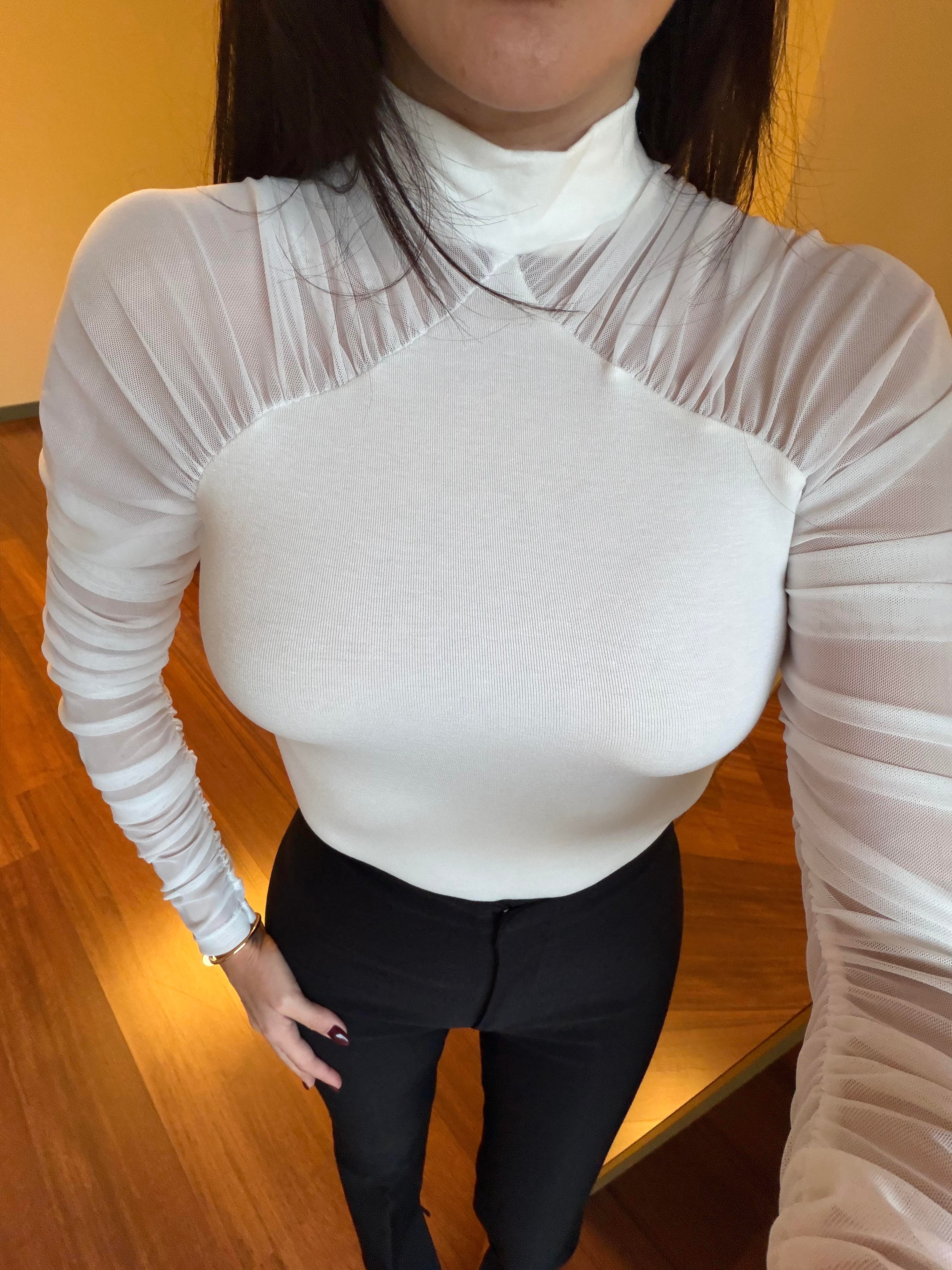 Ekru Kolları Tül Ribanalı Bluz