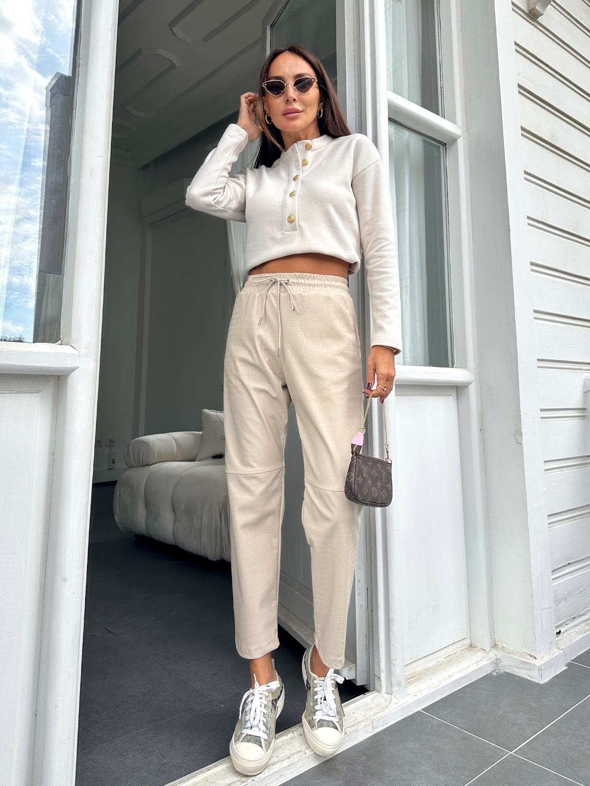 Ekru Krokodil Çimalı Deri Pantolon