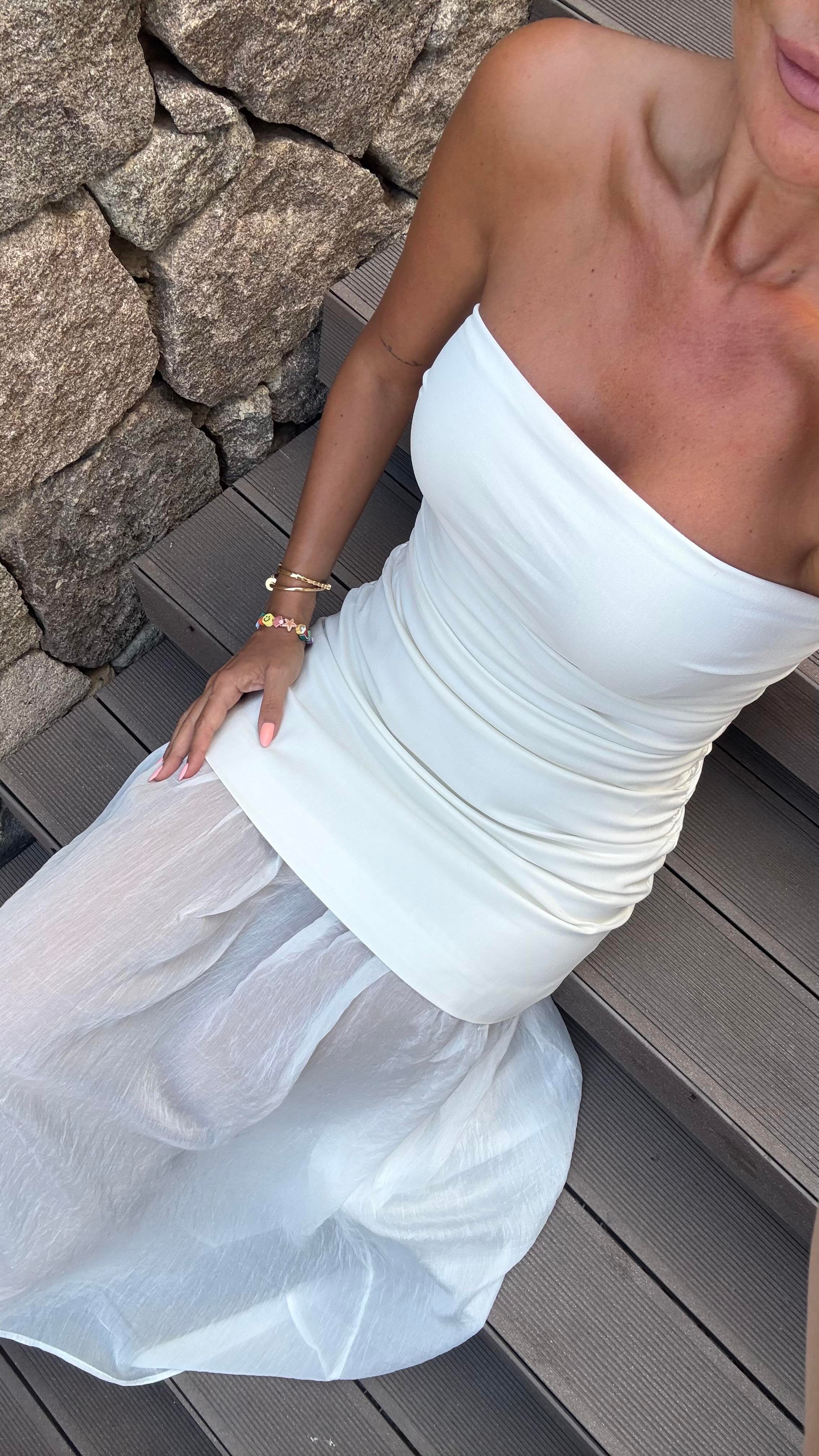 Ekru Midi Straplez Elbise