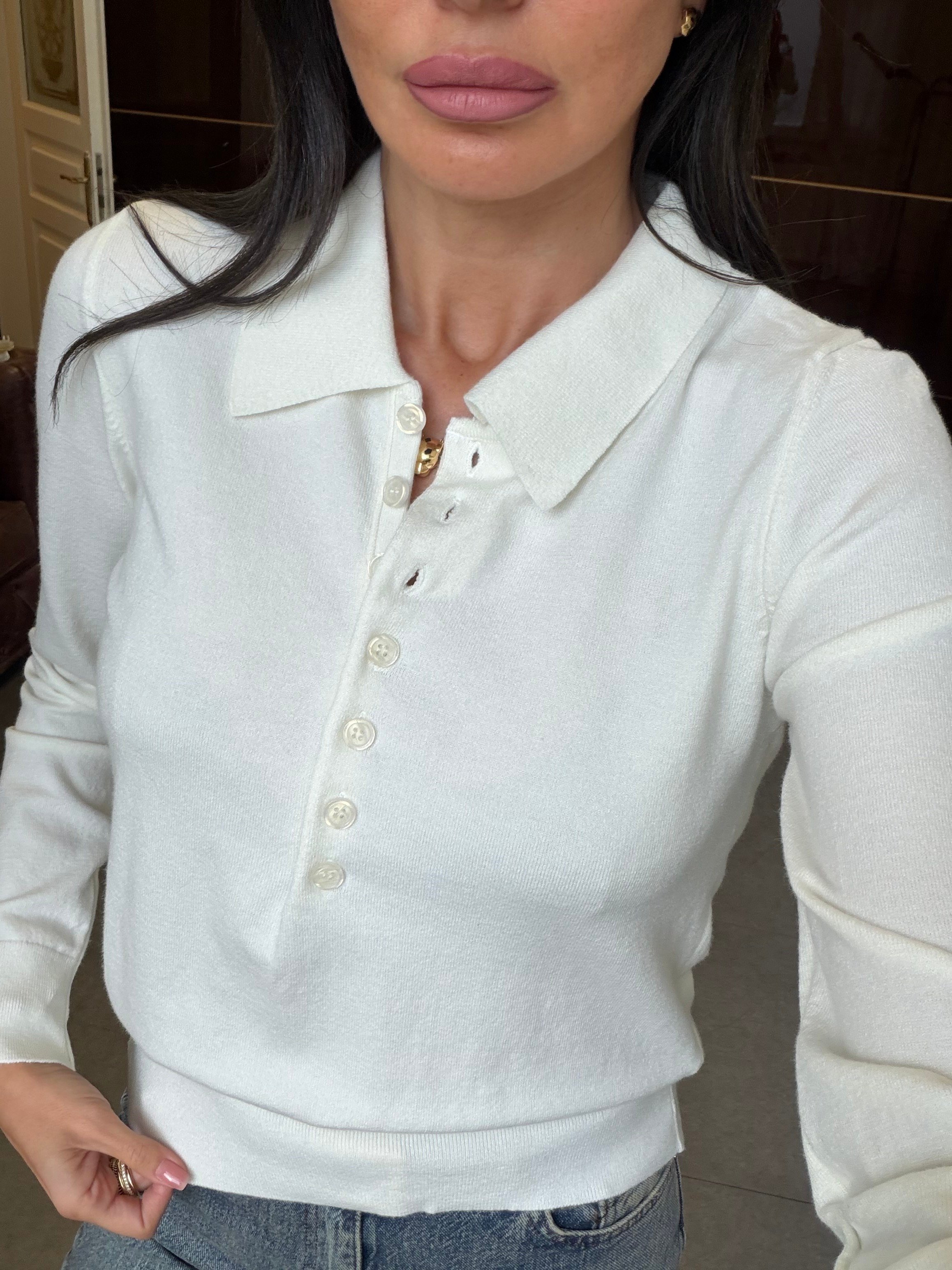 Ekru Önden Düğmeli Polo Yaka Kazak