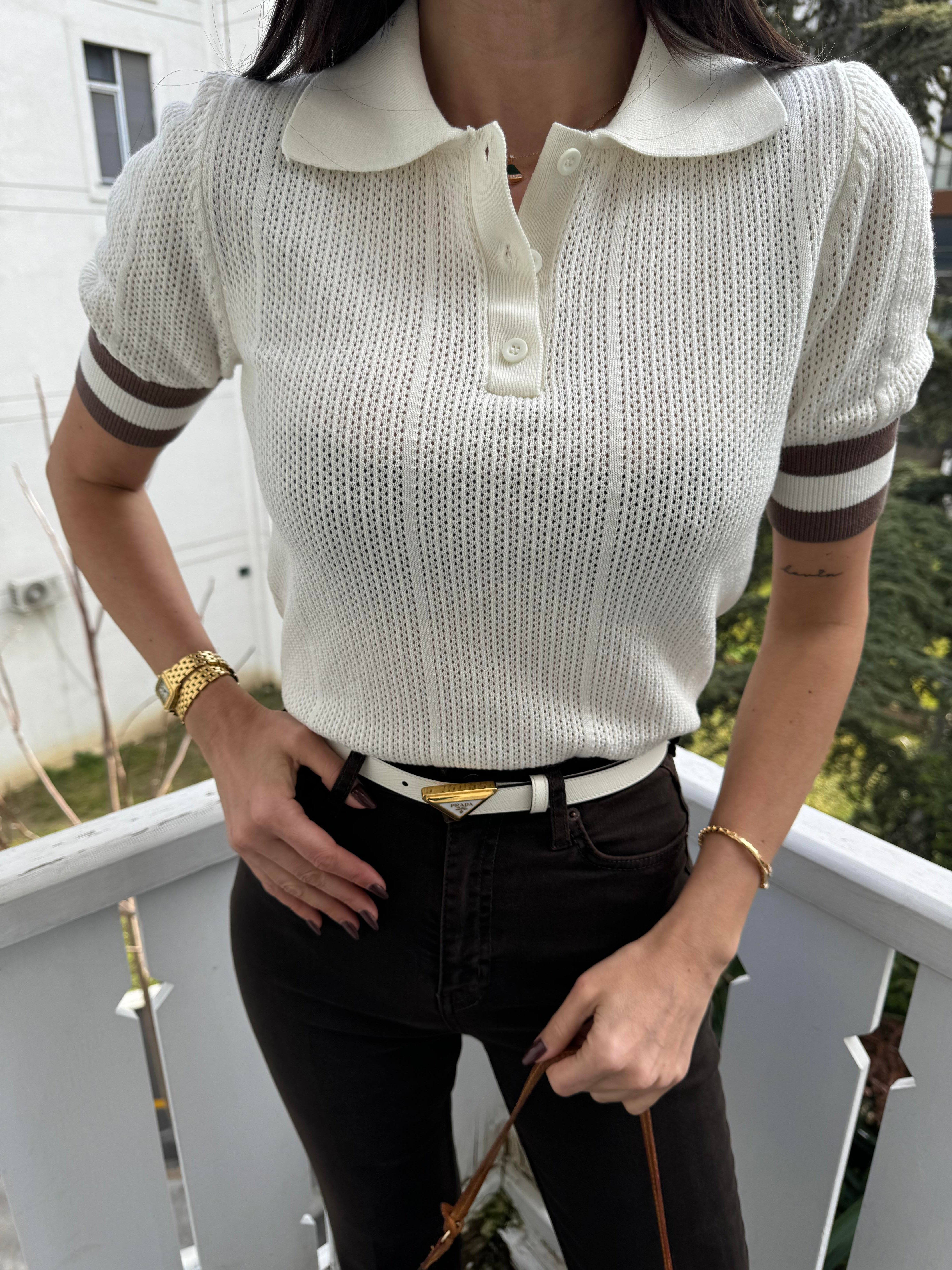 Ekru Polo Yaka Çizgi Detaylı Triko