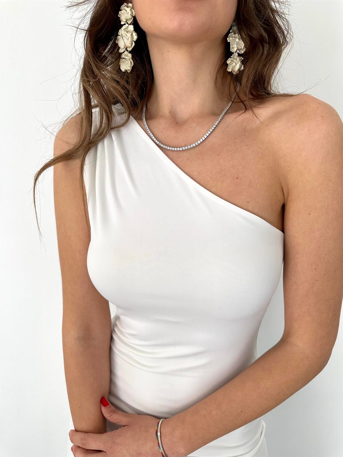 Ekru Tek Omuz Midi Elbise